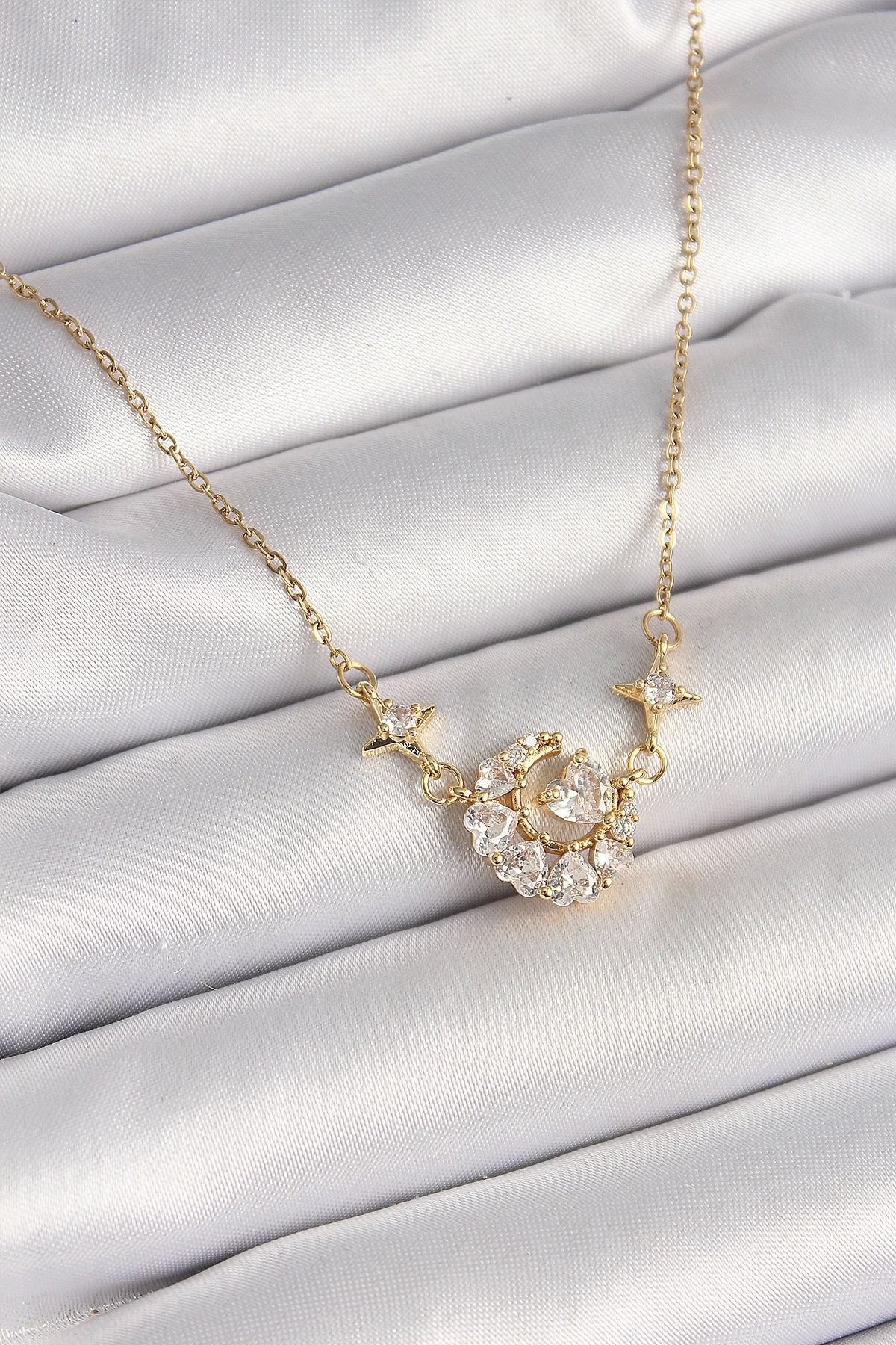 luz&pos 316L Çelik Gold Renk Zirkon Taşlı Hilal Kalp Model Kadın Kolye