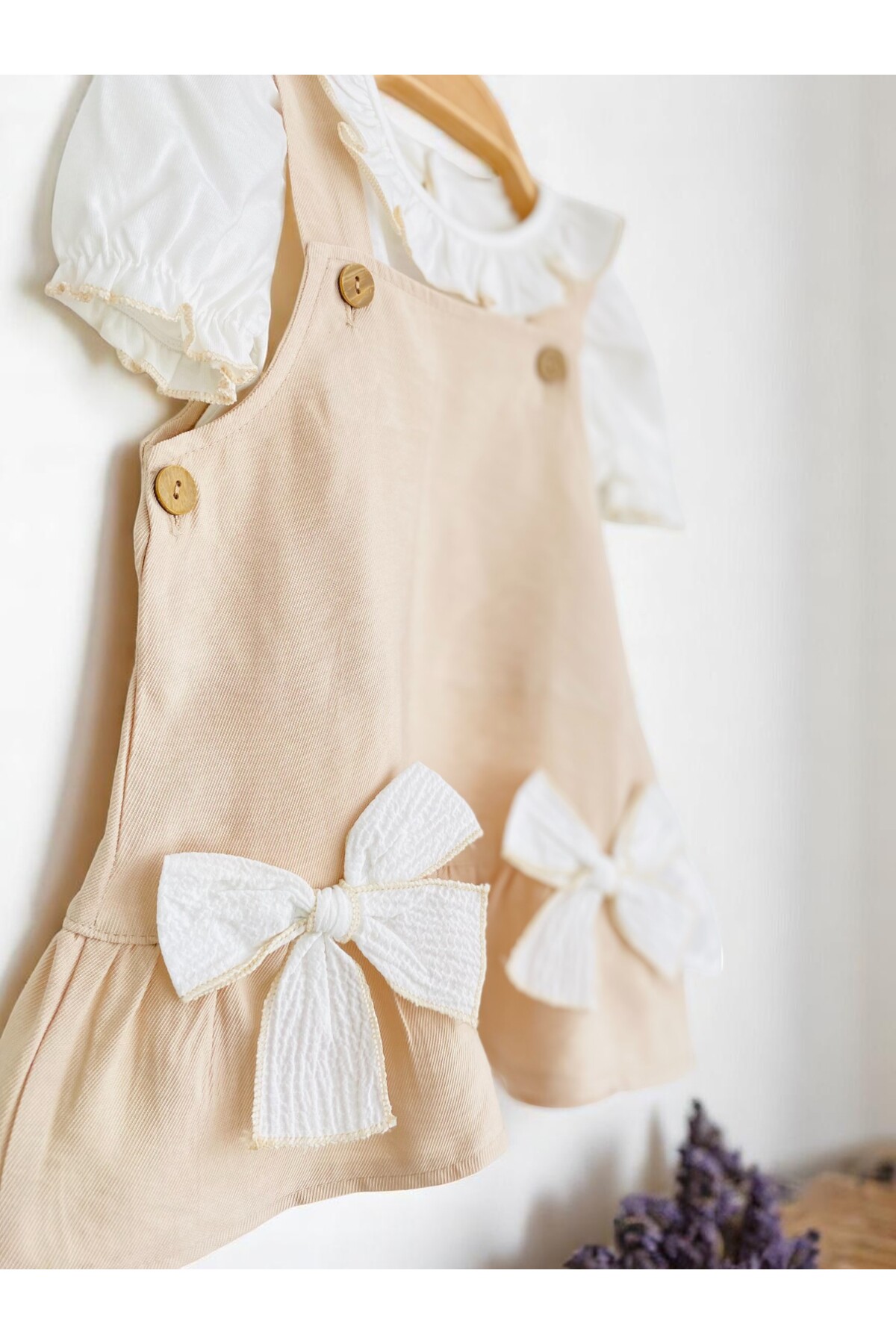 çilek bebe Kız Bebek %100 Pamuklu Kurdele Detaylı Badili İkili Set Elbise fotoğrafı 2 (önizleme)