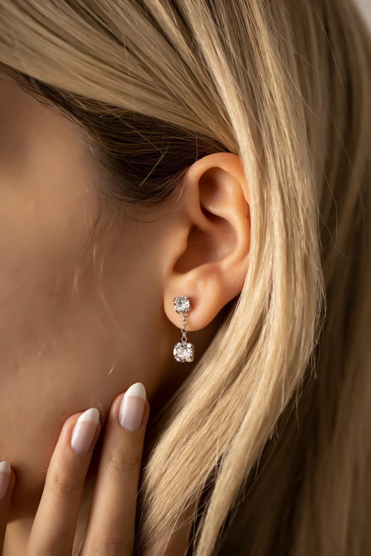 Ninova Silver İki Taş Model Gümüş Crystal Küpe