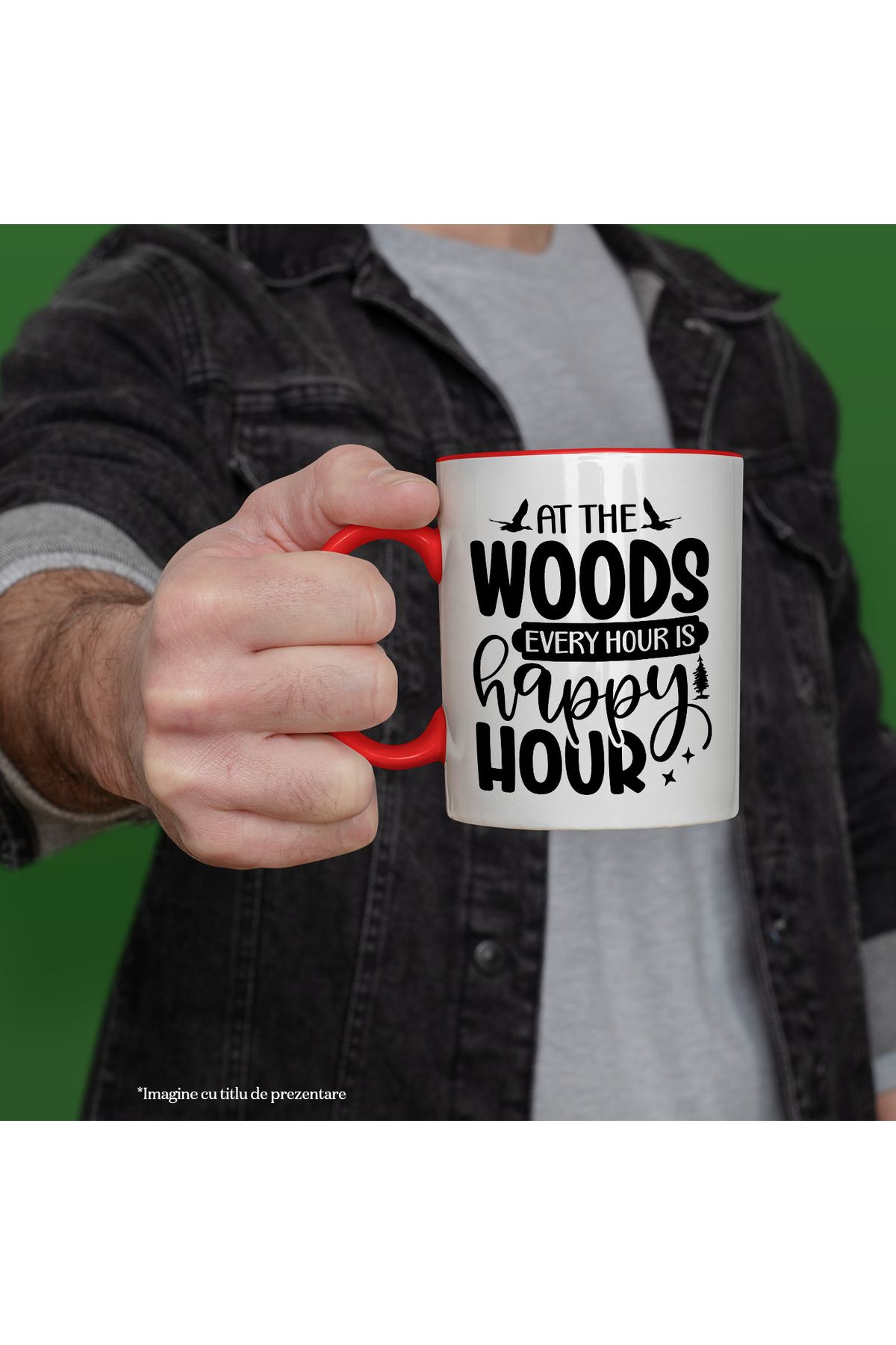 StoryGift Romania-Mug with birds and the message "In the forest, any hour is a happy hour" with Red Handle, With, STG 2