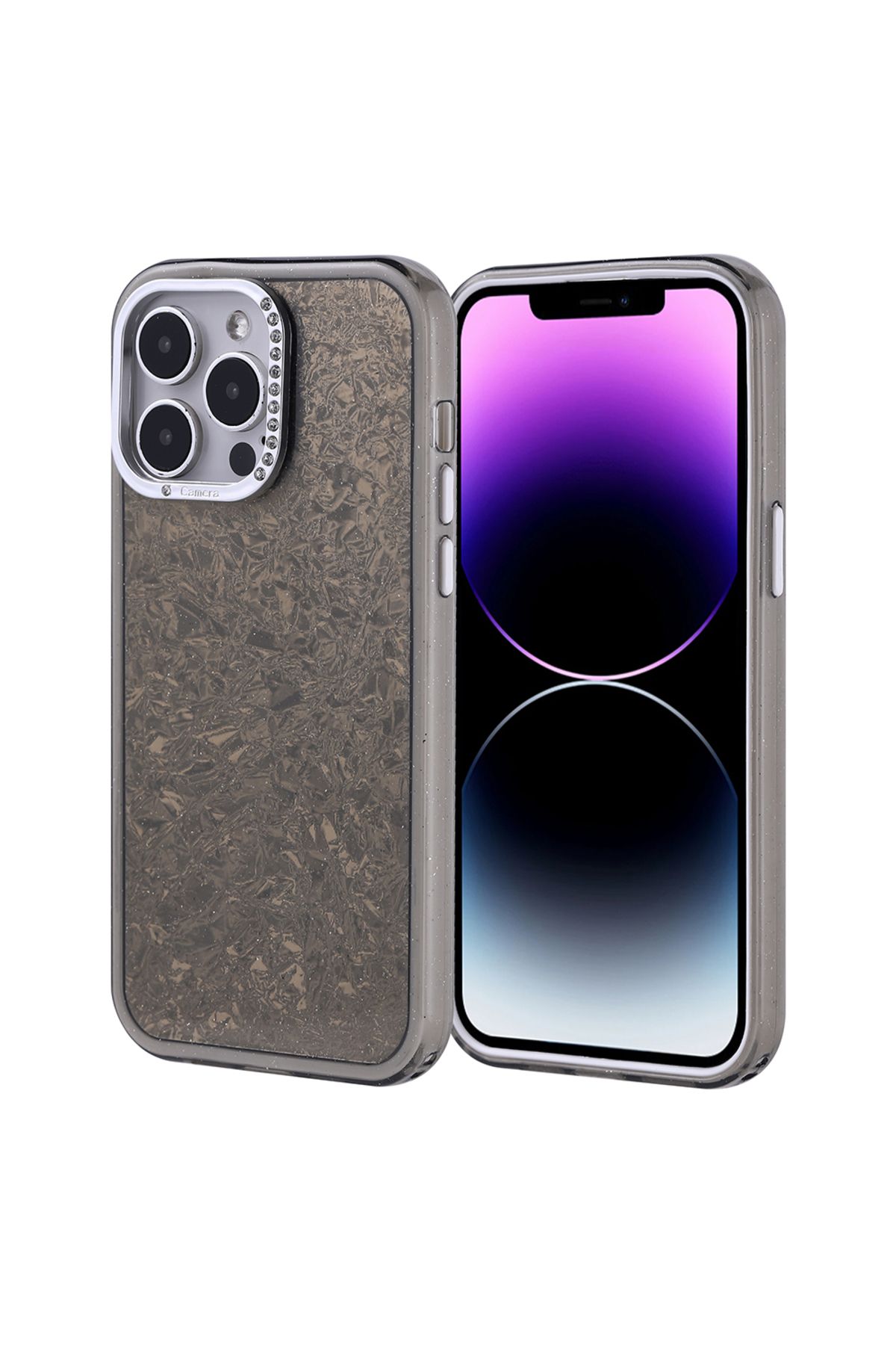 Strap U Apple iPhone 14 Pro Max Kırık Cam Efektli Işıltılı Kılıf Kamera Koruması Taşlı Tasarım Kapi Kapak