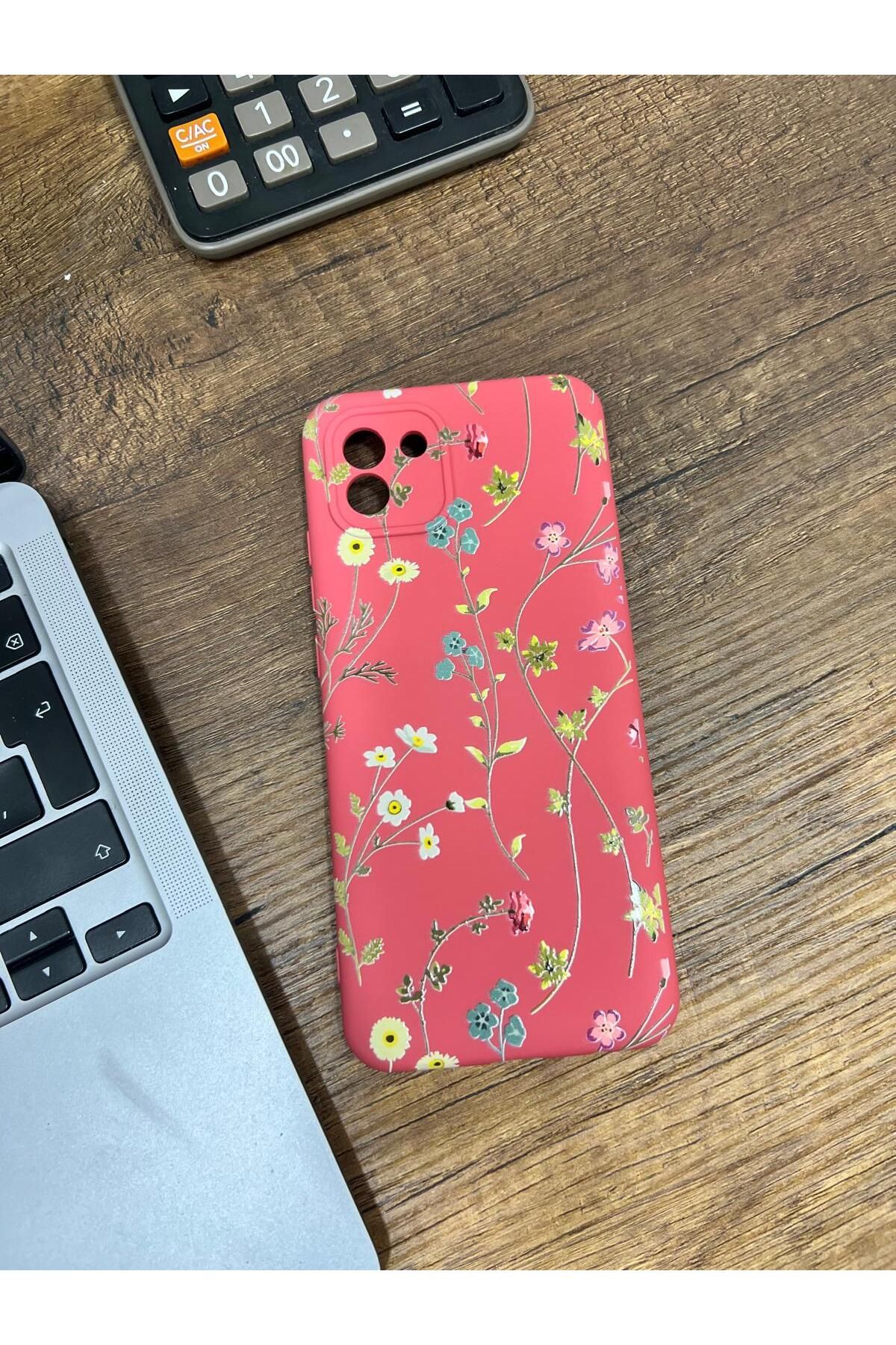 HZR Samsung A03 Çiçek Desenli Kırmızı Silikon Kılıf