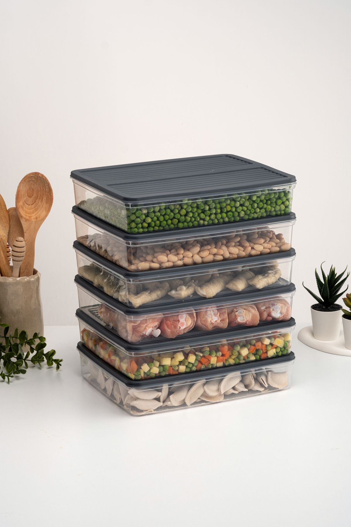 Evrio 6'lı Antrasit (6 X 2400) ml Buzdolabı Organizer Mikrodalga Ve Difrize Uygun Buz dolabı Saklama Kabı