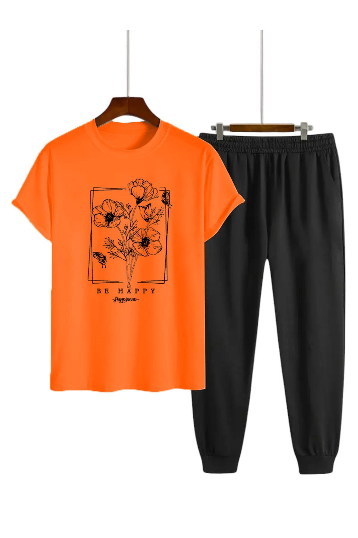 uyguntarz Unisex BE HAPPY Tasarım Basklı Tshirt Eşofman Takımı