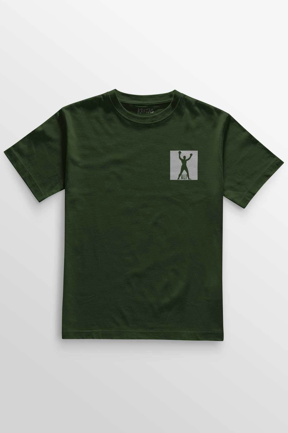 Kretas Unisex Haki T-shirt Muhammed Ali Box Boks Gym Spor Minimal Ön Baskılı Tişört