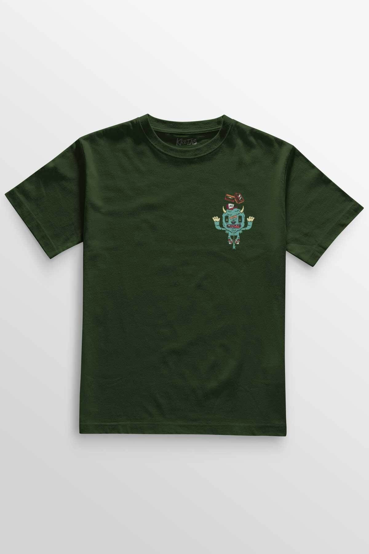 Kretas Unisex Haki T-shirt Sevimli Canavar Retro Monster Daft Punk 90lar Minimal Ön Baskılı Tişört