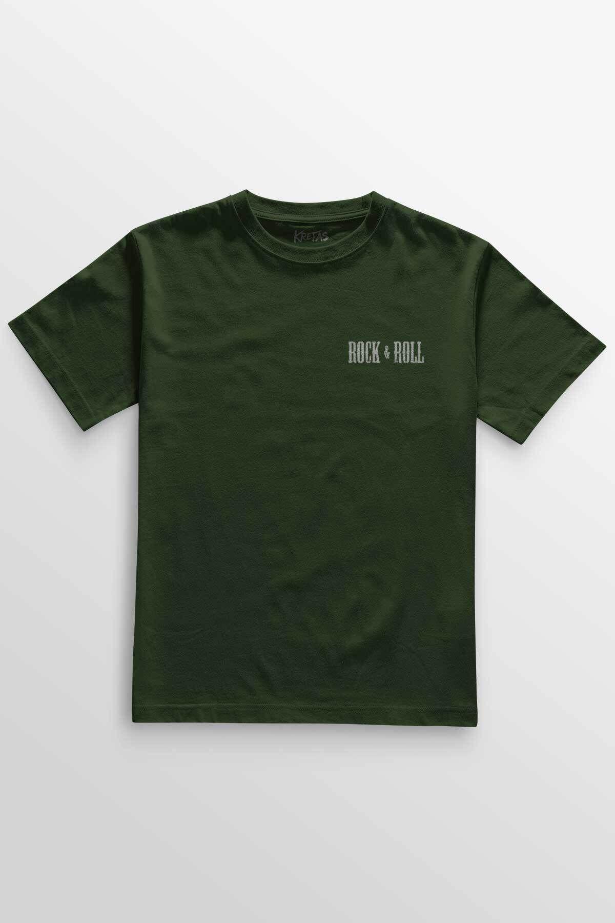 Kretas Unisex Haki T-shirt Rock'n Roll Music İşareti Minimal Ön Baskılı Tişört