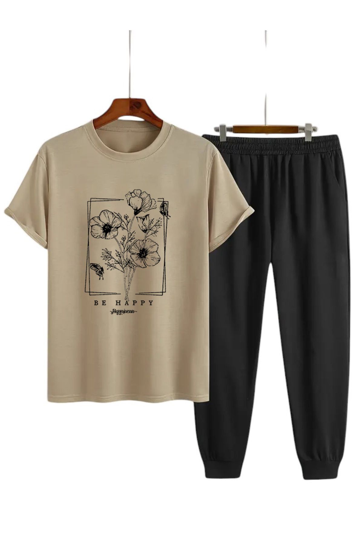 uyguntarz Unisex BE HAPPY Tasarım Basklı Tshirt Eşofman Takımı