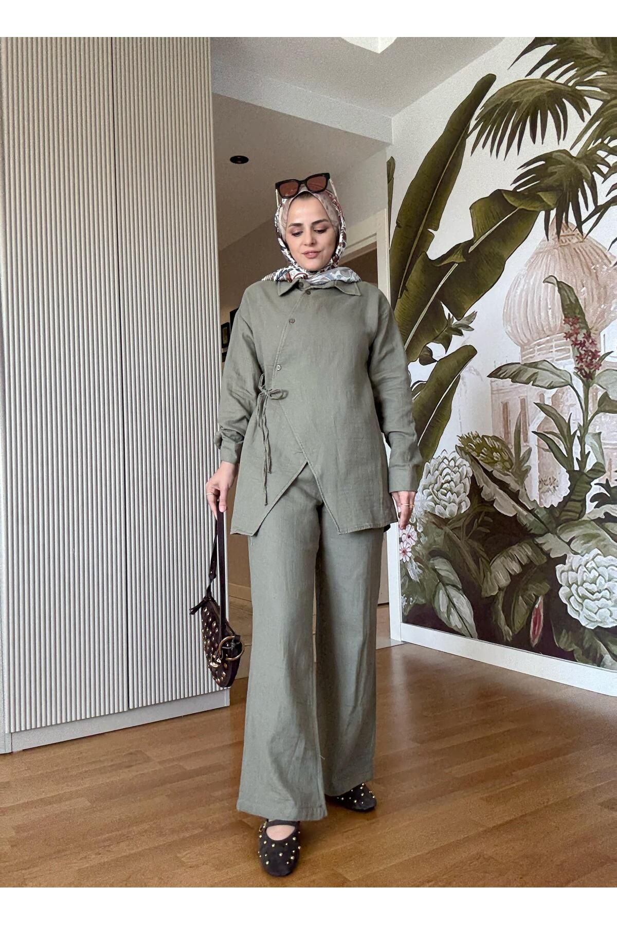 Aselim Hijap Moda Kimona Müslin Pamuklu Gömlek Takım Yeşil