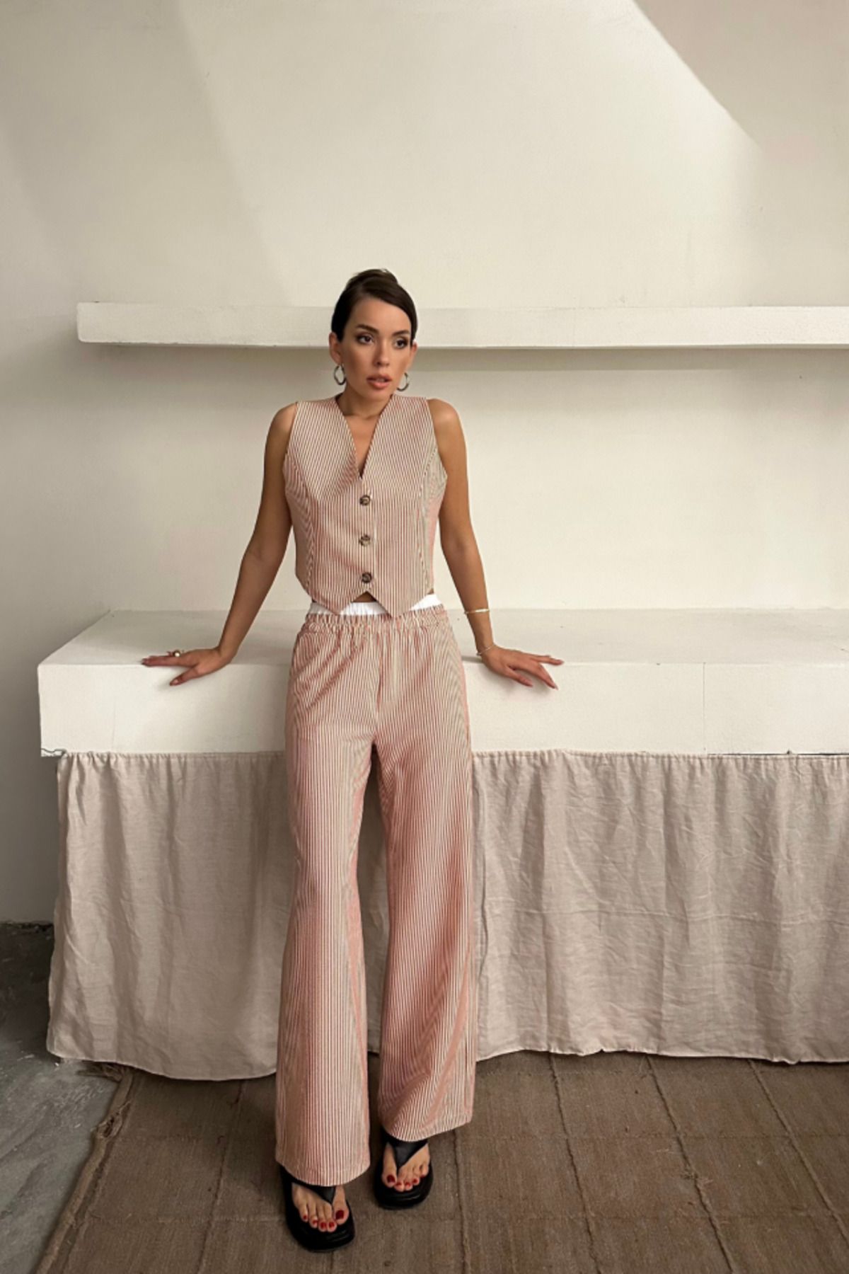 1001moda GOFRE ÇİZGİLİ YELEK - PANTOLON TAKIM - Kahverengi