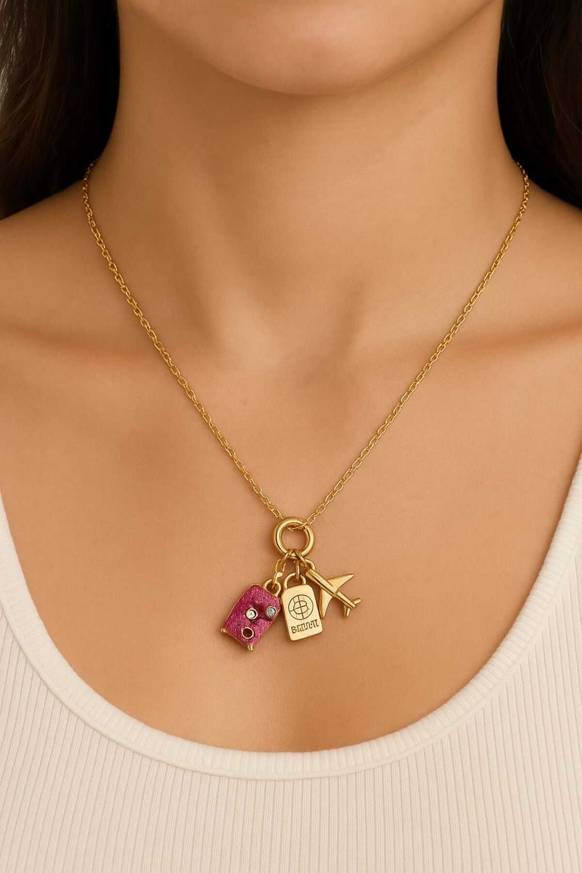 BESMYAR JEWELS Seyahat Temalı Altın Renk Genç Kız Kolyesi"