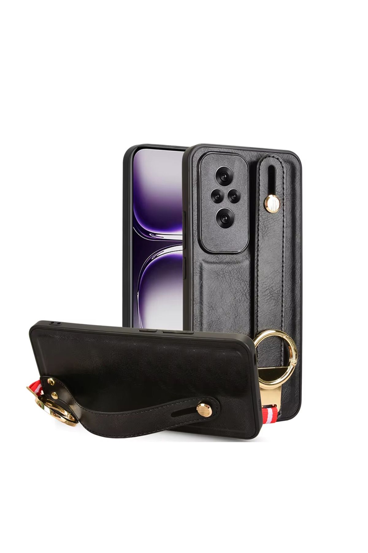 Microcase Honor 200 ile Uyumlu Askılıklı Standlı Deri Kaplama Kılıf-AL5135