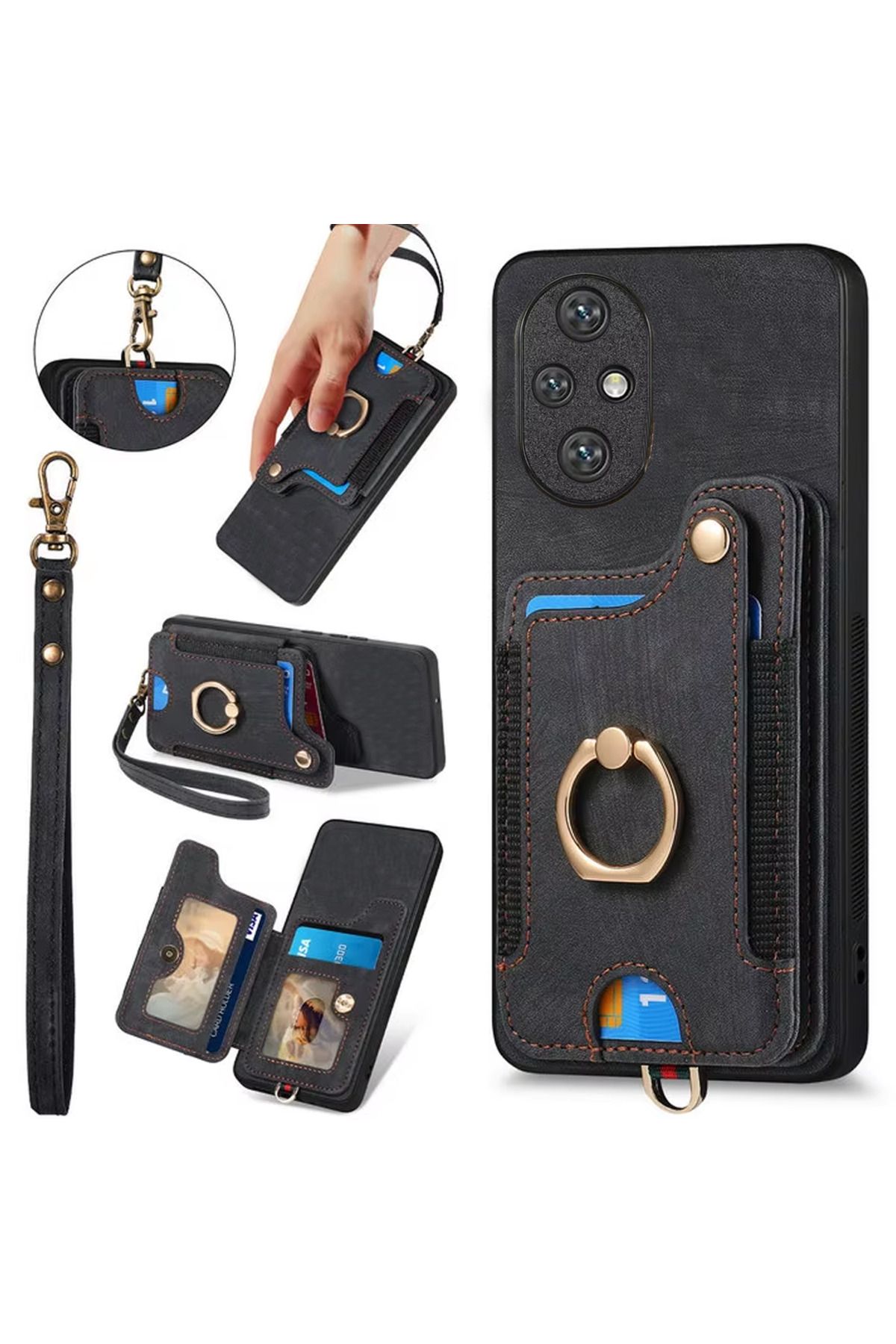 Microcase Honor 200 ile Uyumlu Askılıklı Kartlıklı Standlı Deri Kaplama Kılıf-AL5134