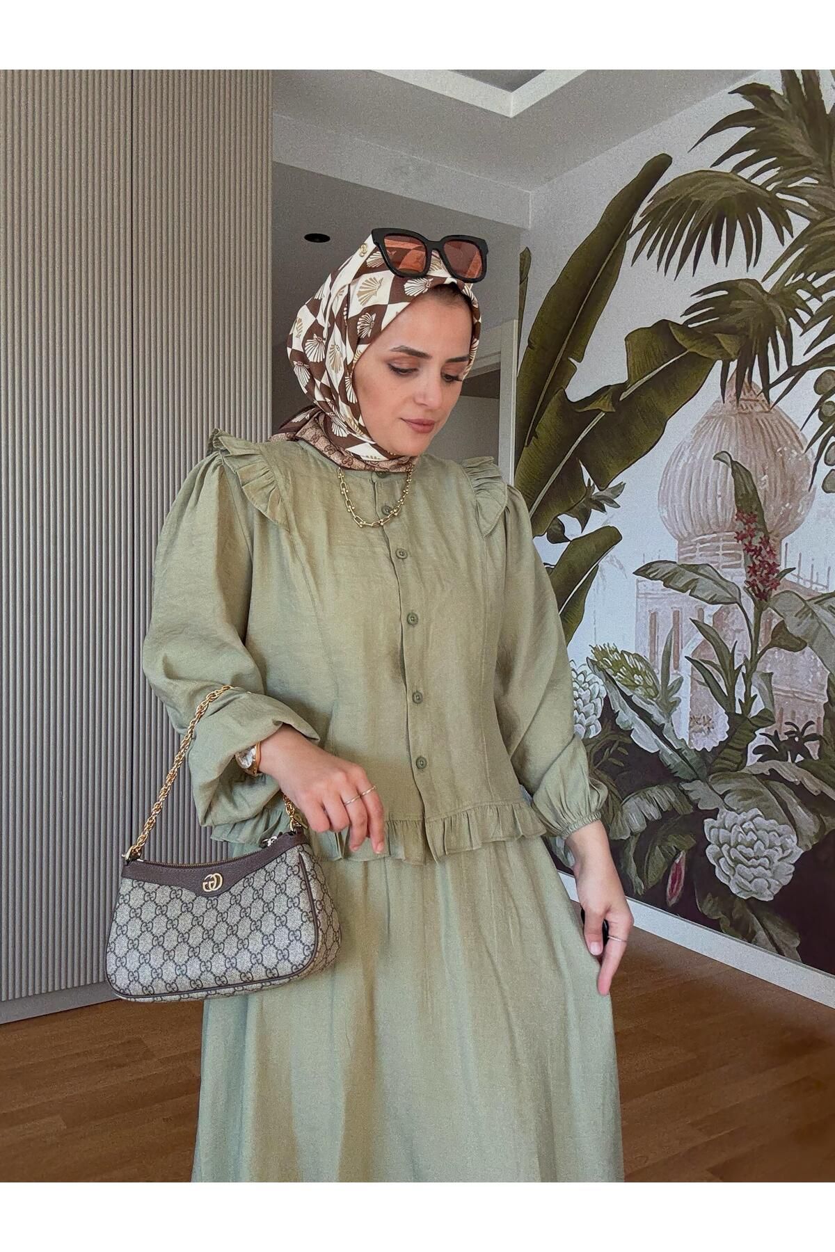 Aselim Hijap Moda Pamuklu Fırfır Detaylı Yazlık Etekli Takım – Yeşil