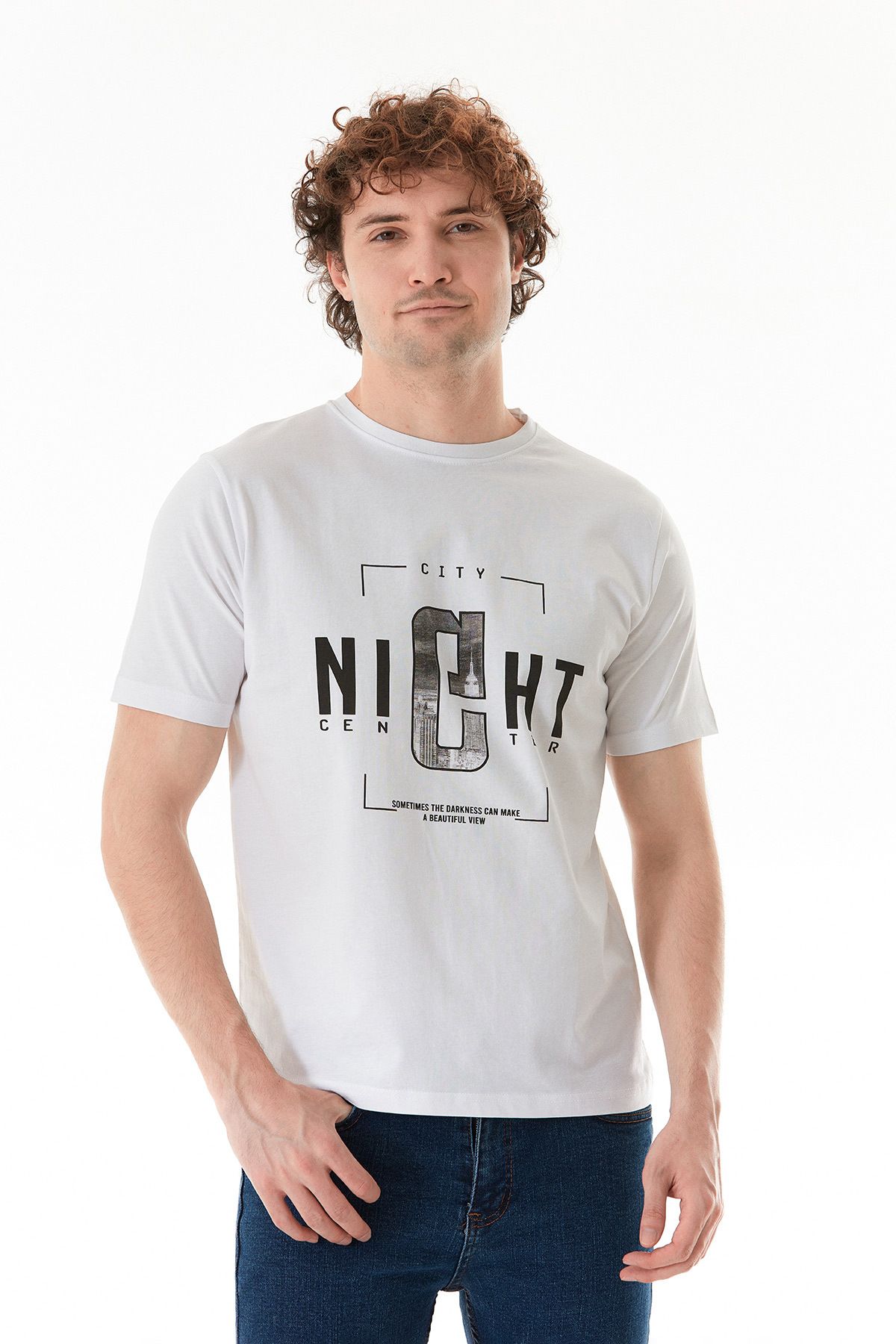 Fulla Moda-Tricou cu decolteu cu imprimeu cu text de noapte 1