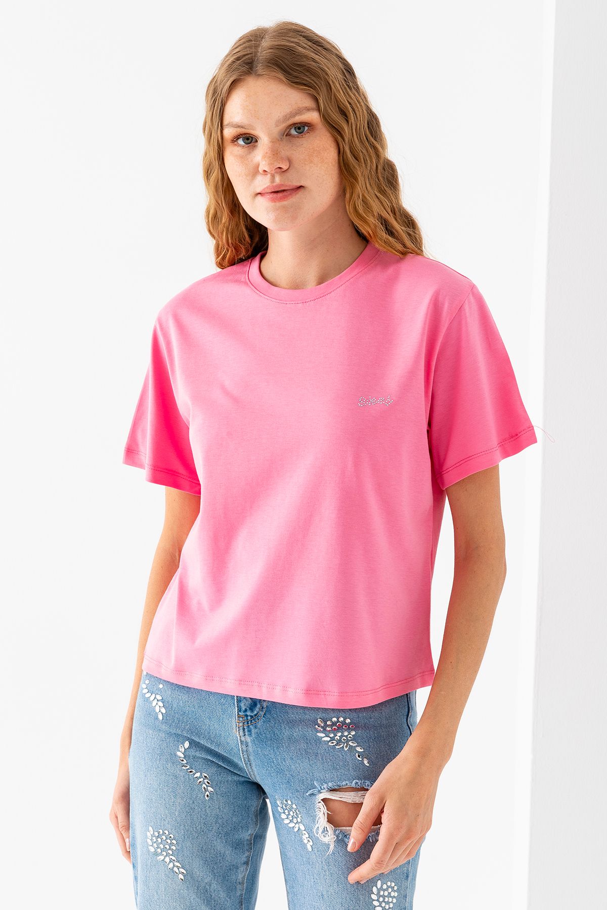 GİYSA Kadın Bisiklet Yaka Taş Baskılı Pamuklu T-Shirt Pembe - 925023