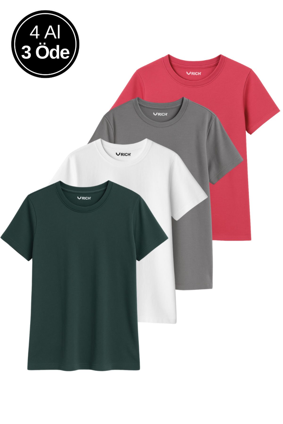 Rich Kadın 4'lü Paket Antrasit-Beyaz-Gri-Pembe Oversize Tişört %100 Pamuk Bisiklet Yaka T-Shirt