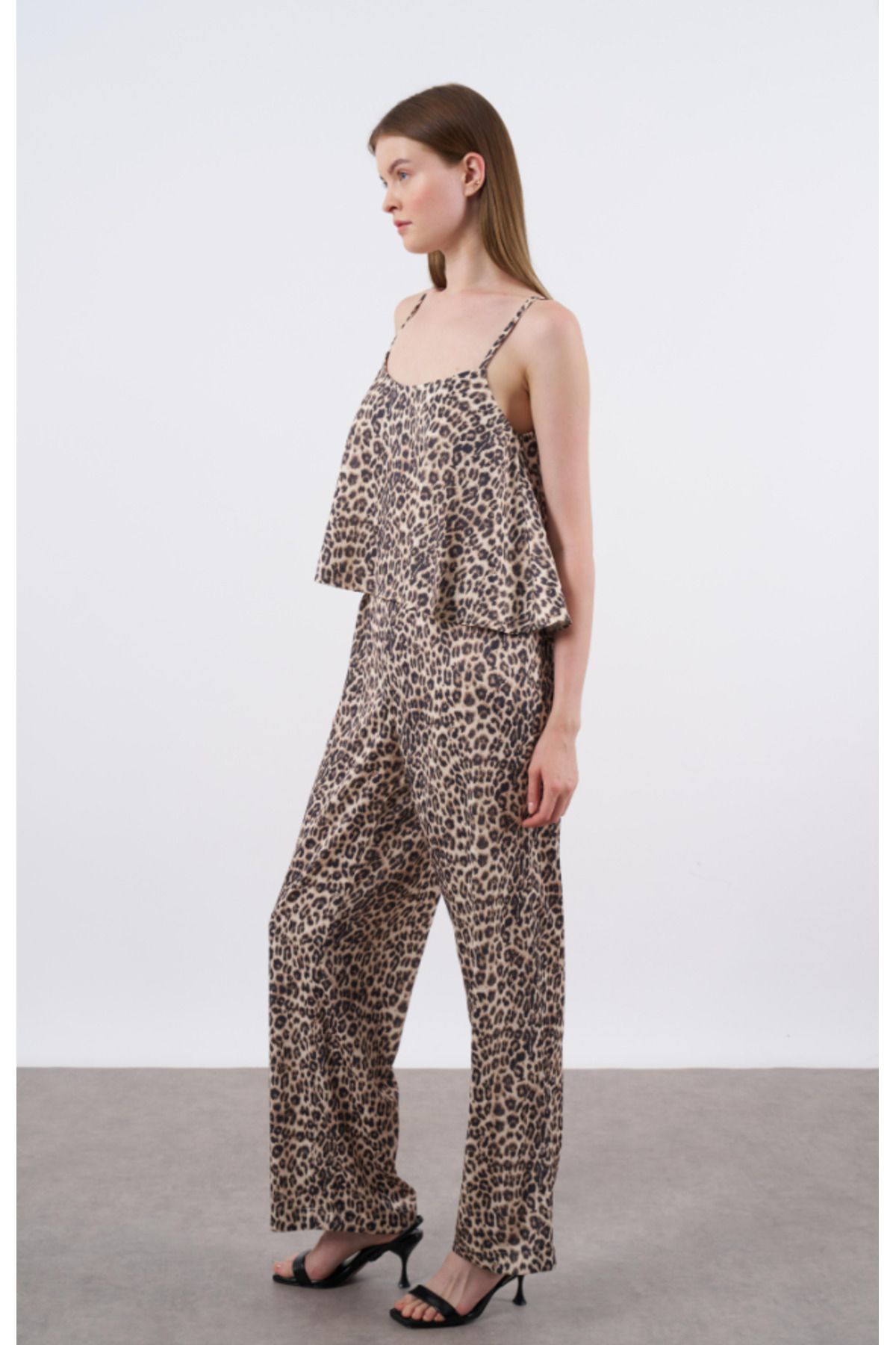 My Blog Leopar Saten Askılı Bluz Pantolon Takım - 51053