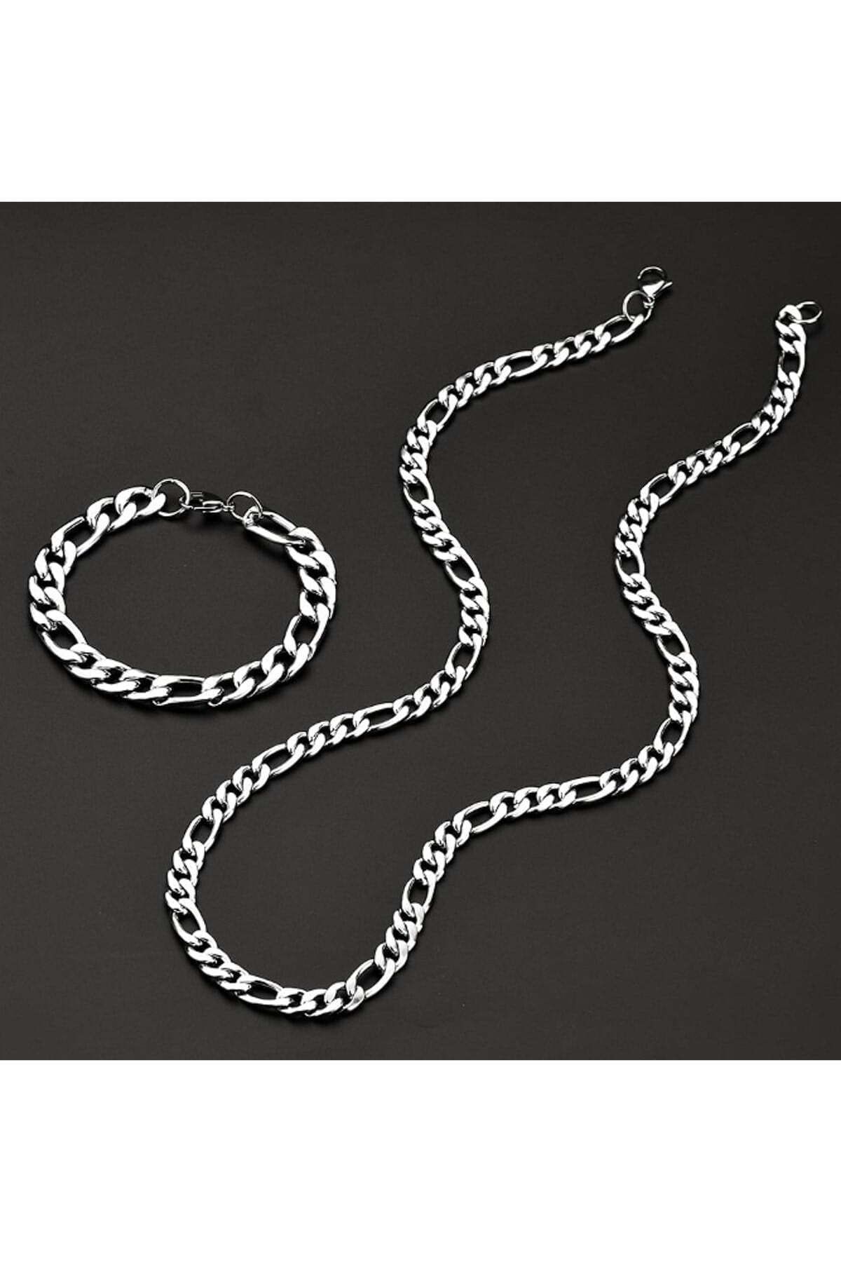 Rose Jewellery Official Unisex Figaro Şavin Alaşım Erkek Bileklik Ve Kolye Zincir Set Gümüş Renk ''55 20 Cm''