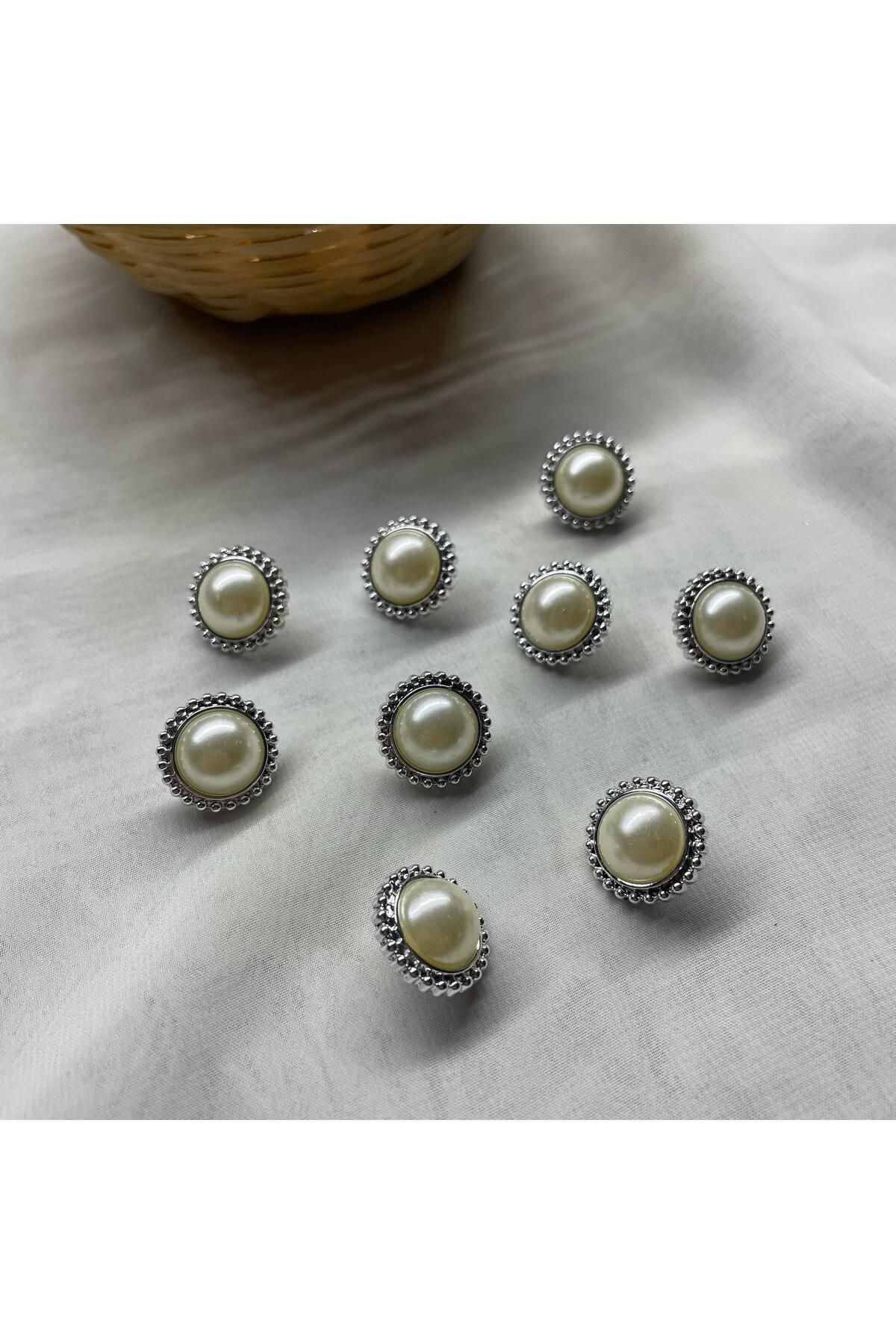 Bukle İplik-Large Pearl Detailed Twist Pattern Silver Color Plastic Button with Bottom Stitching 34" Button (12 Pcs) 2