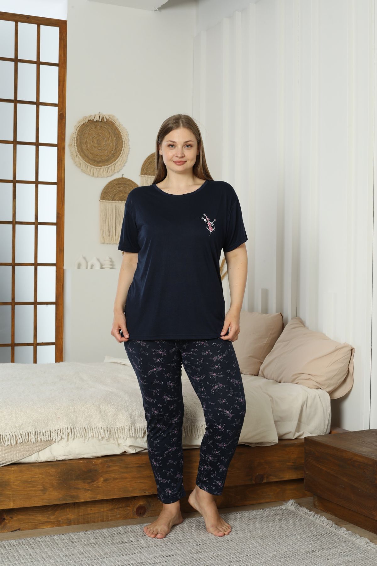 LİLA İÇ GİYİM Battal viskon kısa kol pijama takımı