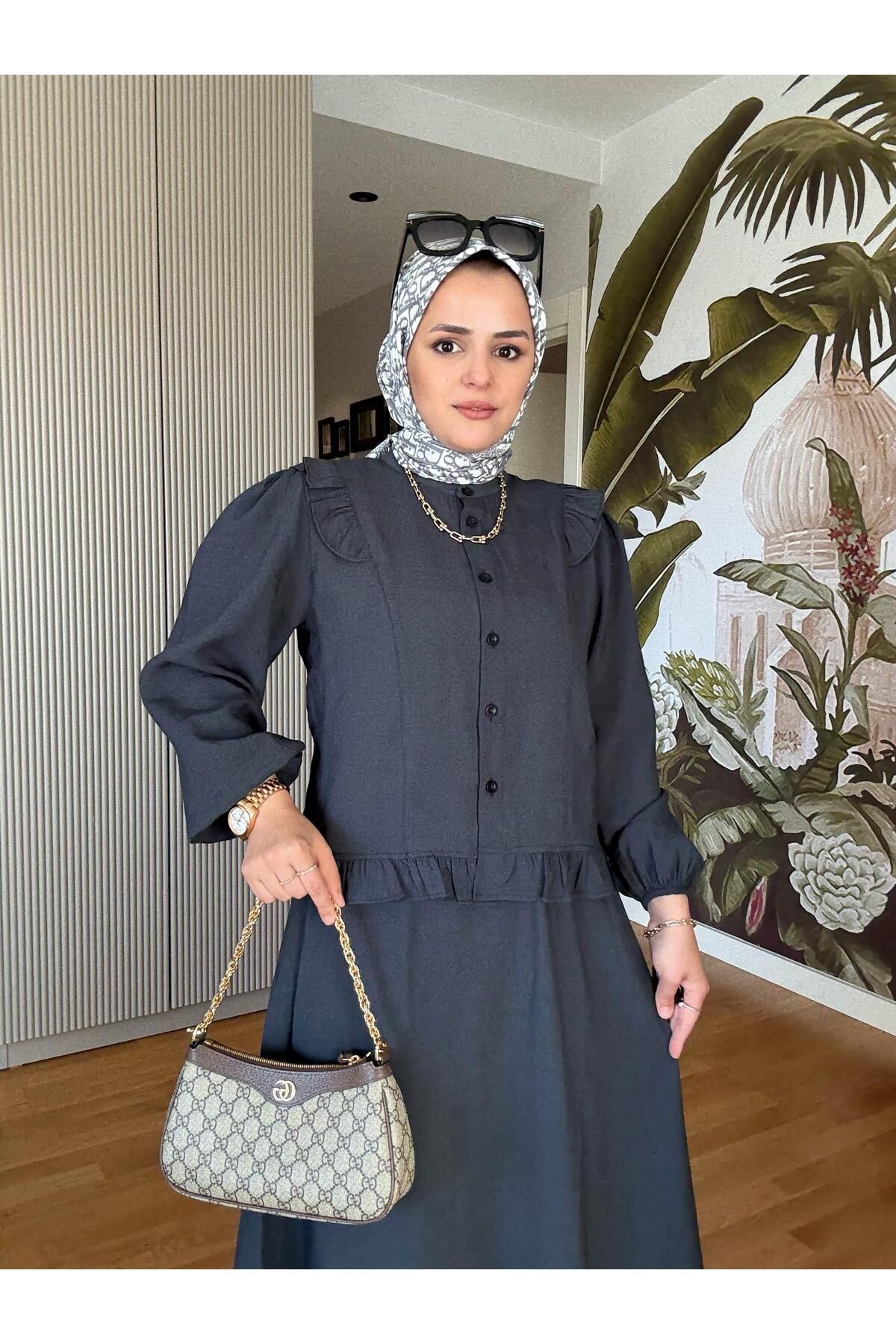 Aselim Hijap Moda Pamuklu Fırfır Detaylı Yazlık Etekli Takım – Siyah