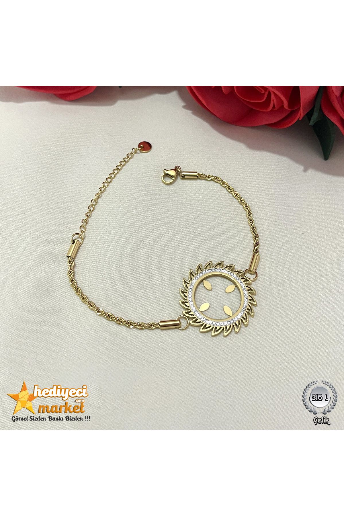 Hediyeci Market 316 L Paslanmaz Zirkon Taşlı Burgu Zincirli Çeyrek Koyulabilen Çelik Bileklik - HMÇB-0087
