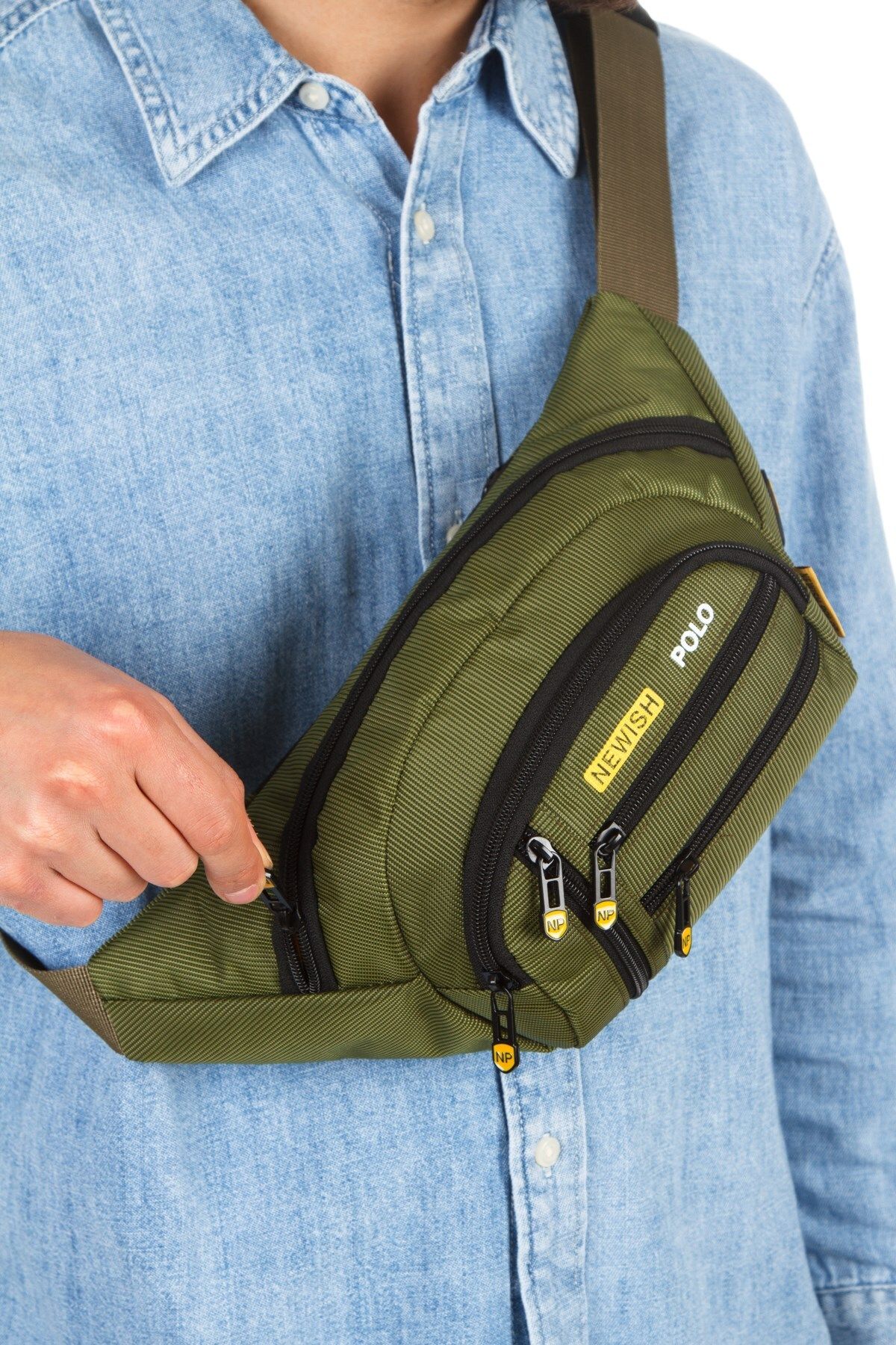 Newish Polo Erkek Haki USB Kulaklık Çıkışlı Crossbody Çapraz Göğüs Omuz ve Bel Çantası