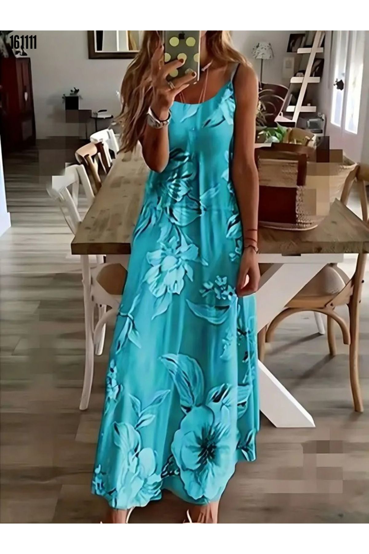 Kokosh moda Kadın Askılı Yuvarlak Yaka Salaş Midi Boy Desenli Süprem Elbise