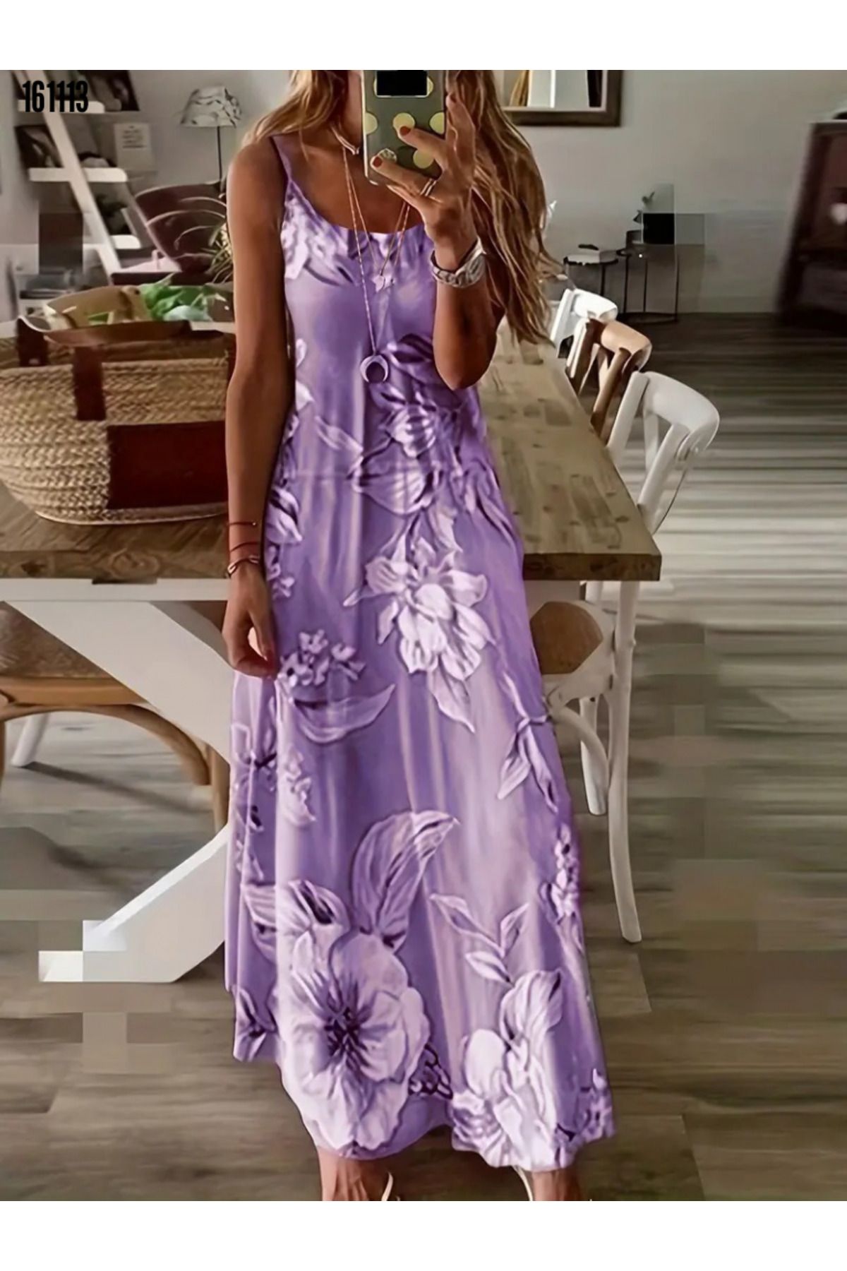 moda wanilia Kadın Askılı Yuvarlak Yaka Salaş Midi Boy Desenli Süprem Elbise