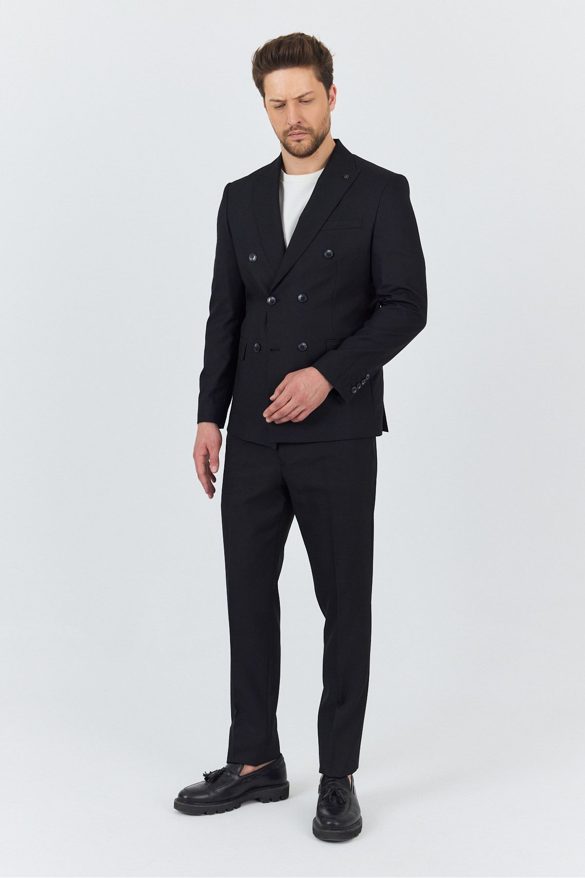 Frappoli Petek Erkek Siyah Kendinden Desenli 4-Mevsim Slim Fit Kruvaze Takım Elbise