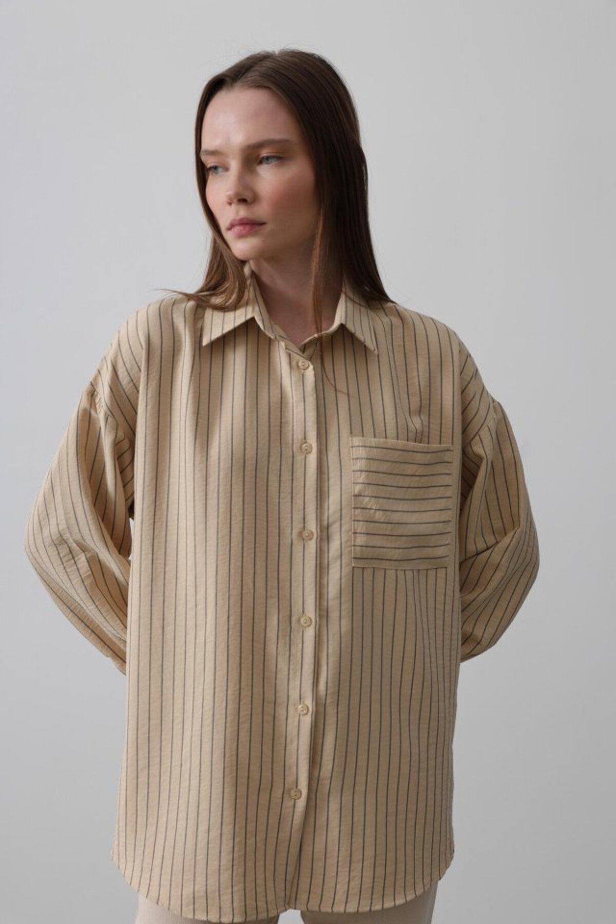 VELİZADE Yeni Sezon Konfor Modeli Yumuşak Dokulu Oversize Pamuklu Çizgili Tunik Boyfriend Gömlek Tesettür