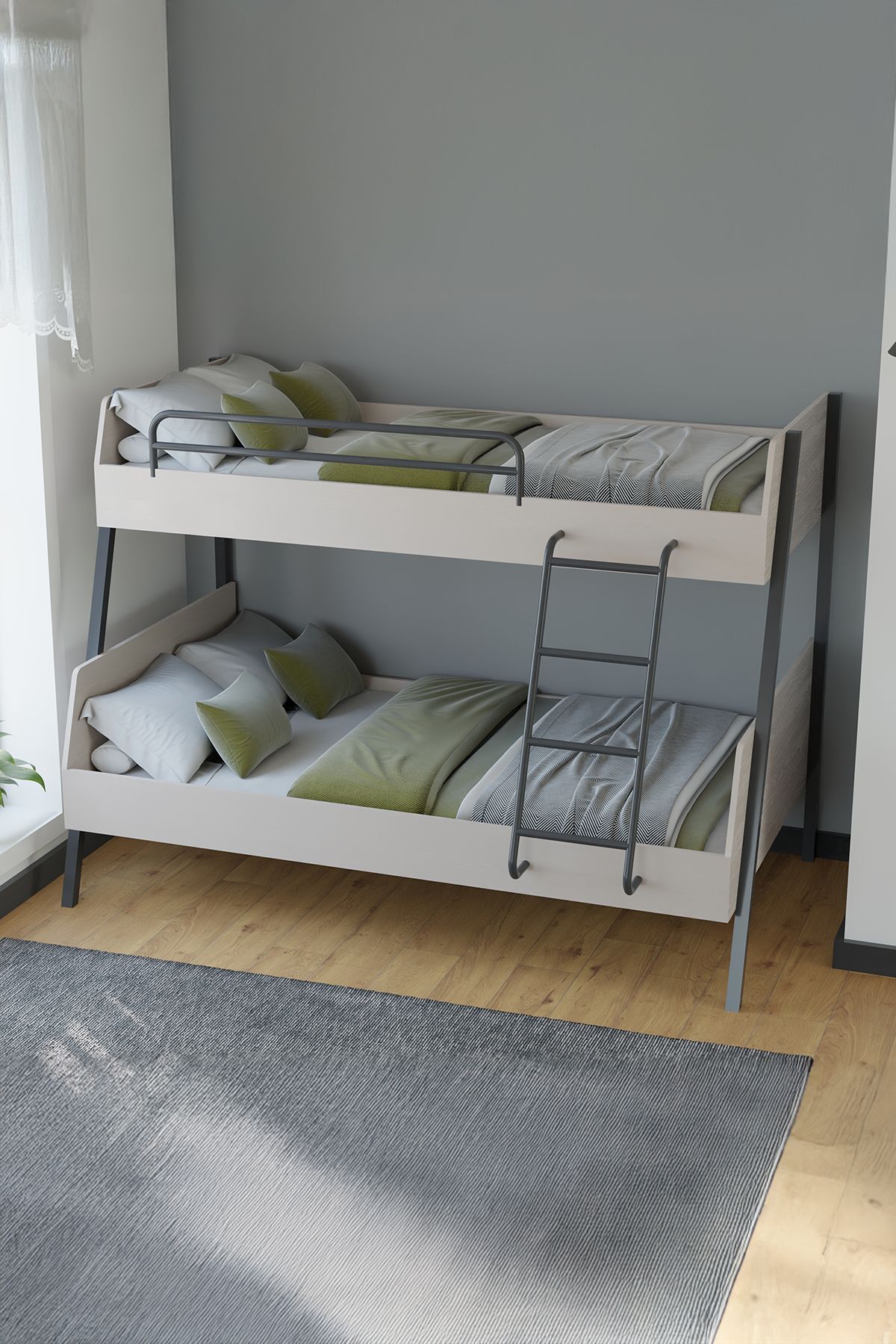 tino furniture Çift Katlı Metal Ayaklı Cardi Ranza Genç Odası Çocuk Odası 90x200 x 120x200