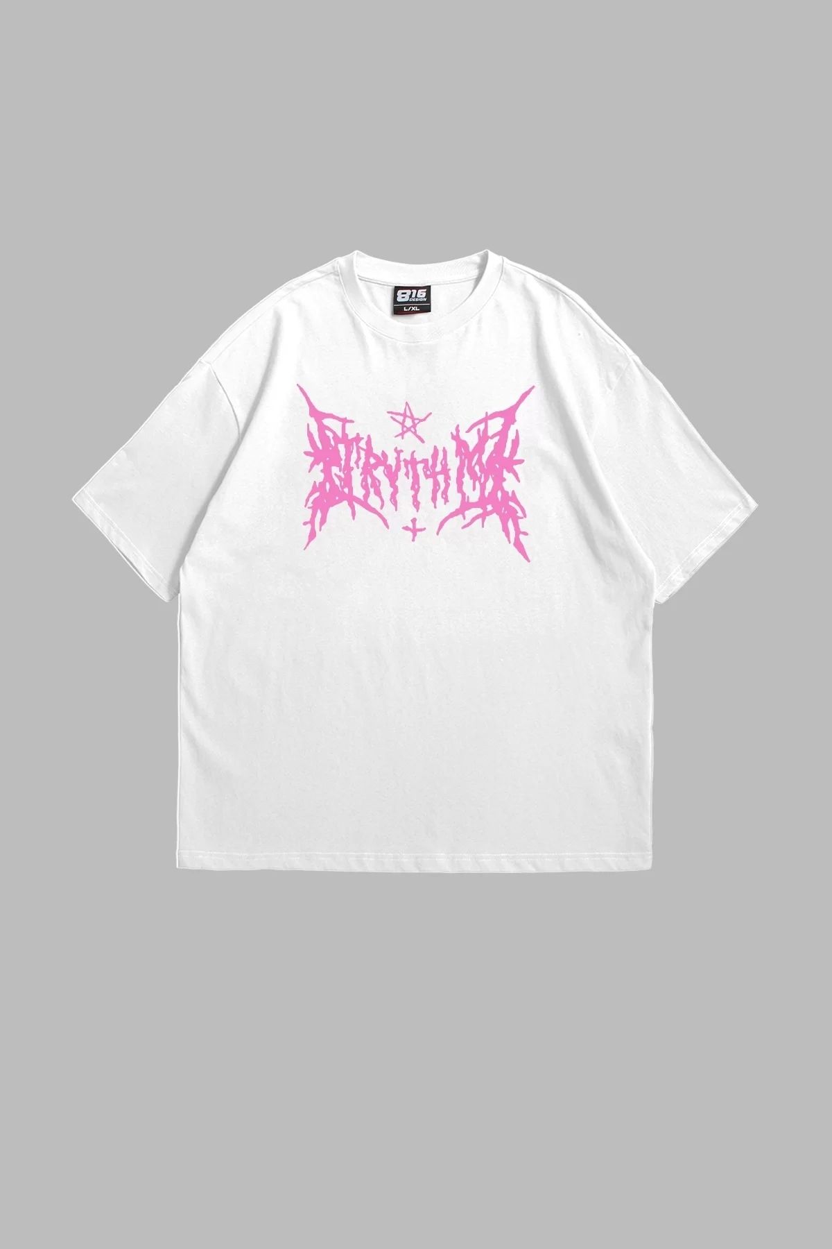 Bak Moda Pink Gotik Baskılı Oversize Unisex Beyaz Tshirt