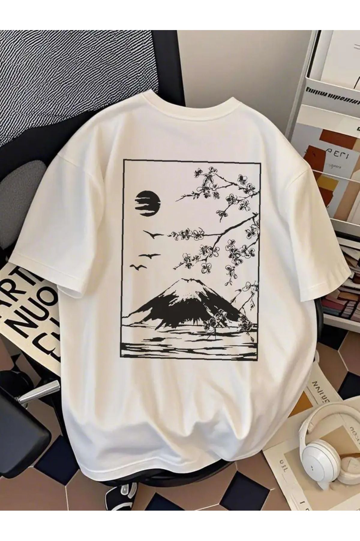 AEMİ Unisex Fuji Mountain Baskılı Oversize Bisiklet Yaka T-shirt