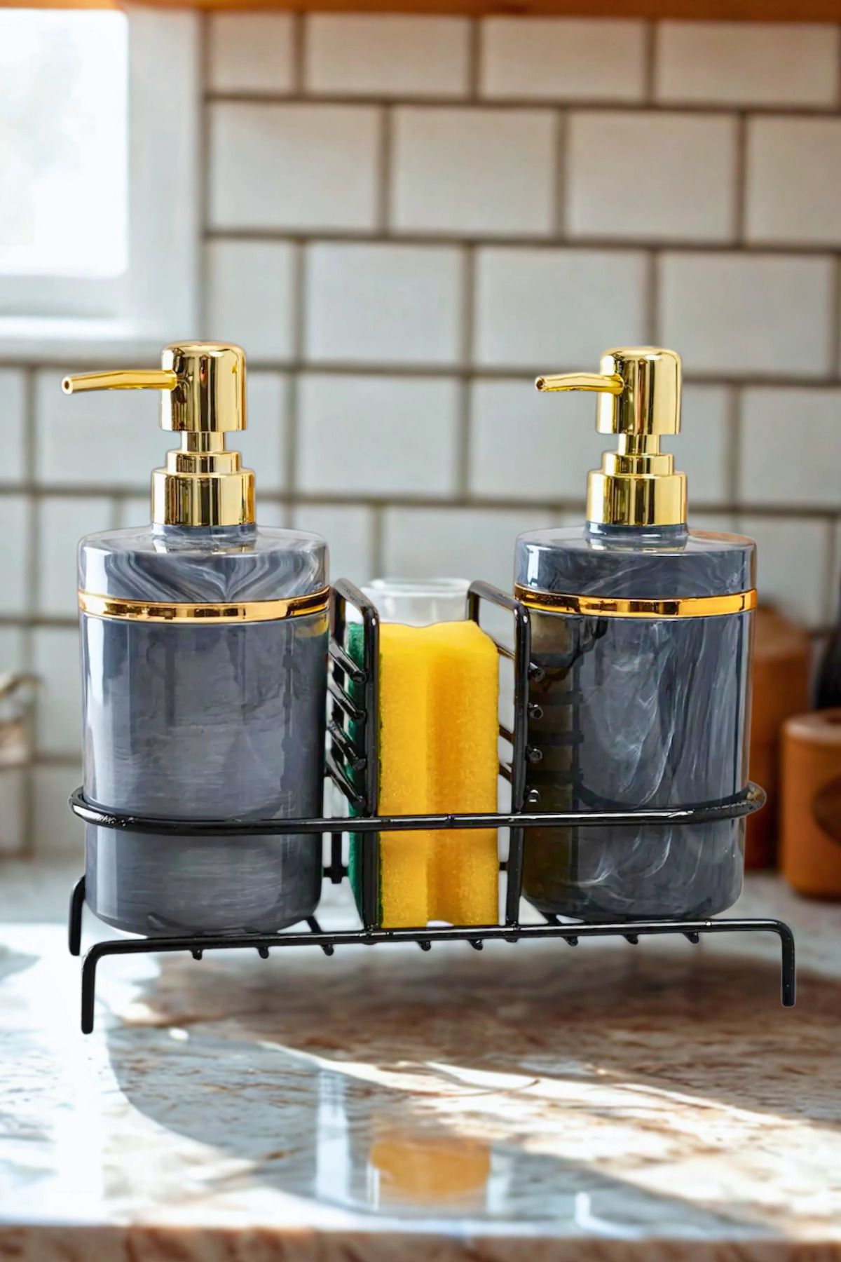 Kitchen Store 2'li Metal Stantlı Süngerli Ve Sıvı Sabunluklu Mutfak ve Banyo Seti Lüx Mermer Desenli 500 ML