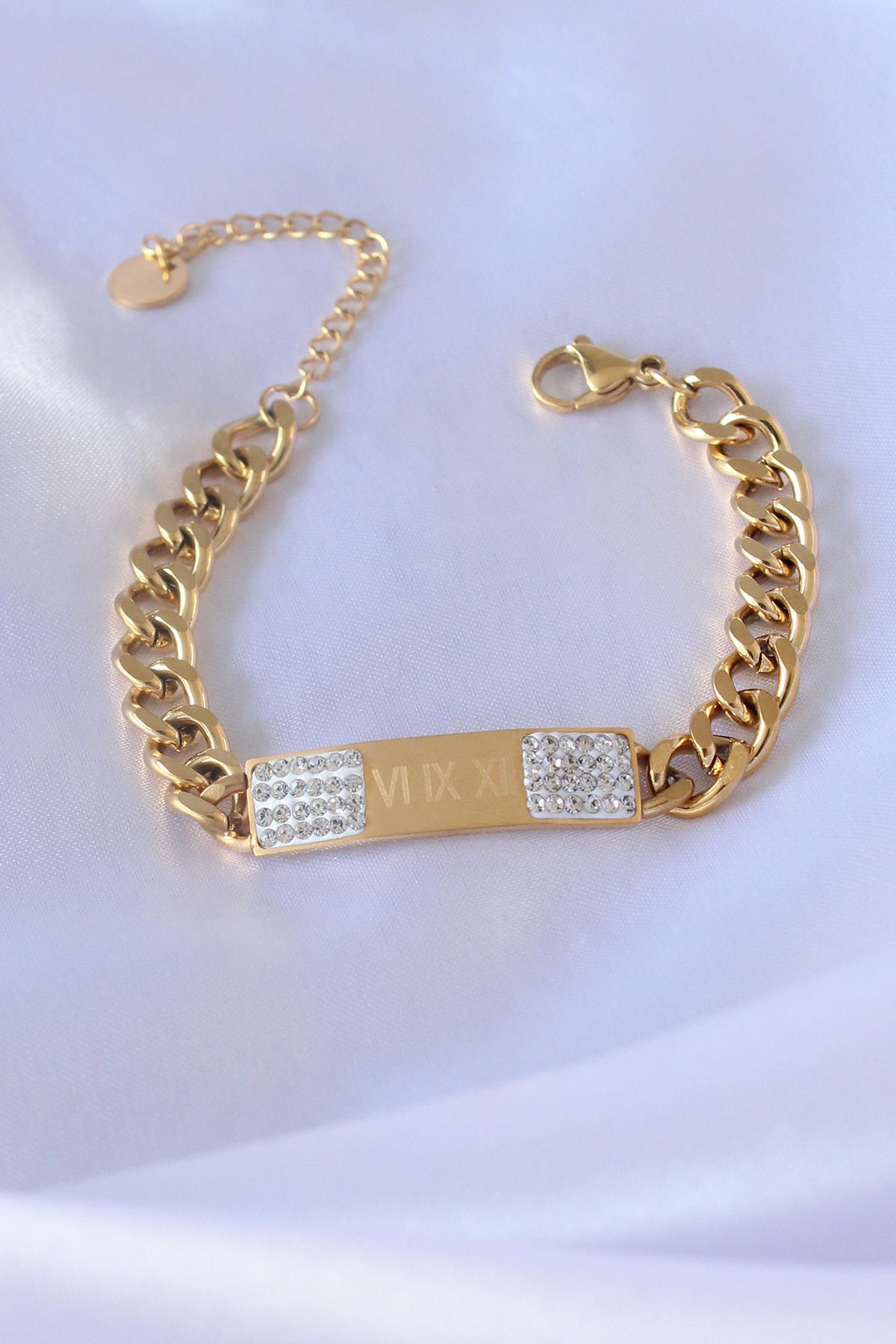 melfxxl eticaret 316L Çelik Gold Renk Zincir Model İşleme Detay Zirkon Taşlı Kadın Bileklik - Lisinya