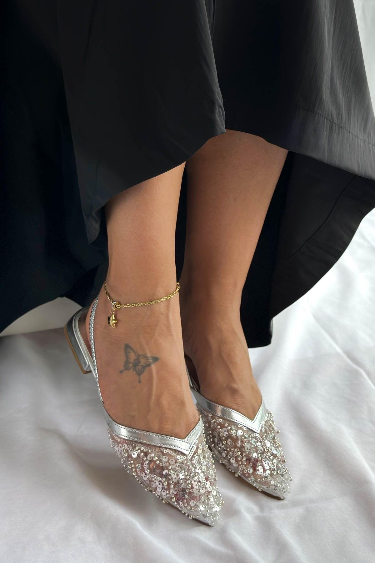 Shoebutik Bridal Gümüş Tül Pul İşlemeli Alçak Topuk Kadın Babet
