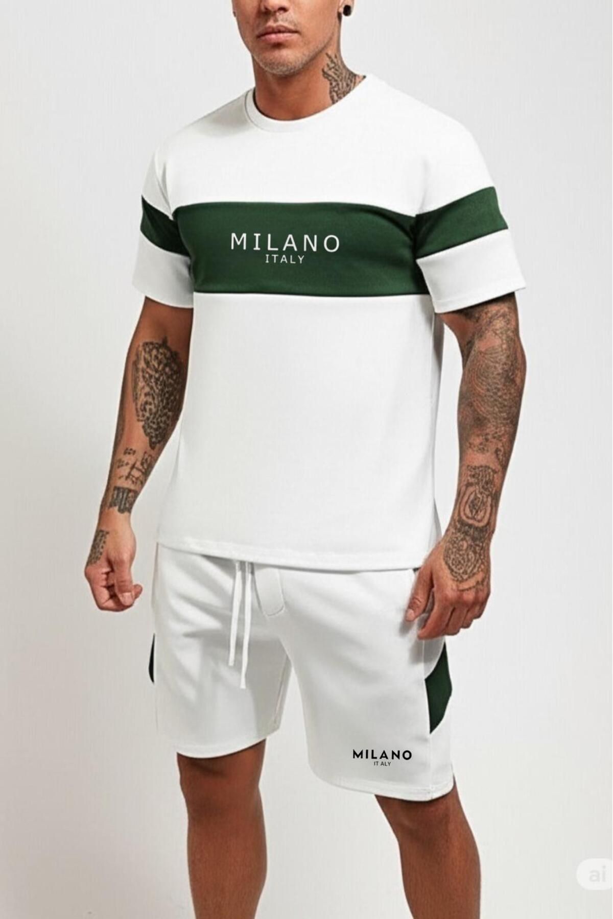 NO 601 Erkek Beyaz-Yeşil Milano Baskılı Scuba Parçalı Tshirt Şortlu Takım