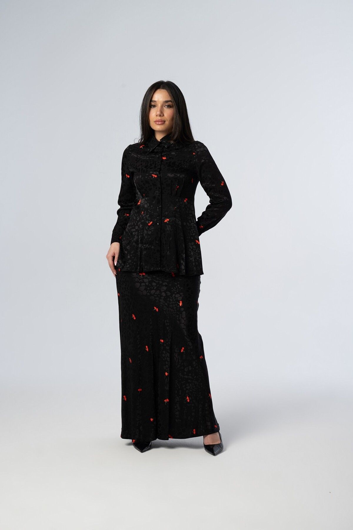 Elaris Exclusive ELARİS Desenli Peplum Detaylı Saten İki Parça Takım