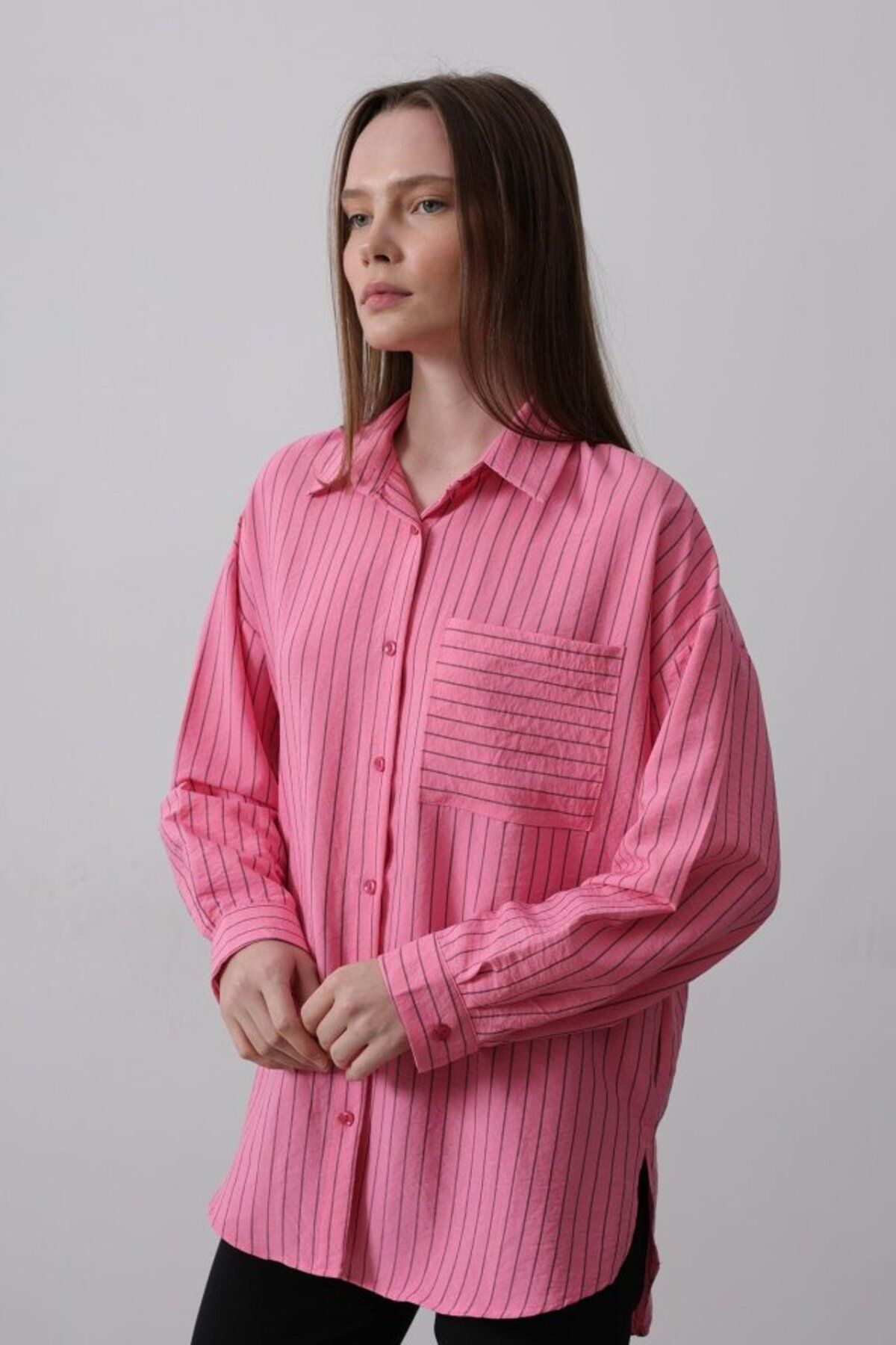 VELİZADE Yeni Sezon Konfor Modeli Yumuşak Doku Oversize Pamuklu Çizgili Tunik Boyfriend Gömlek Tesettür