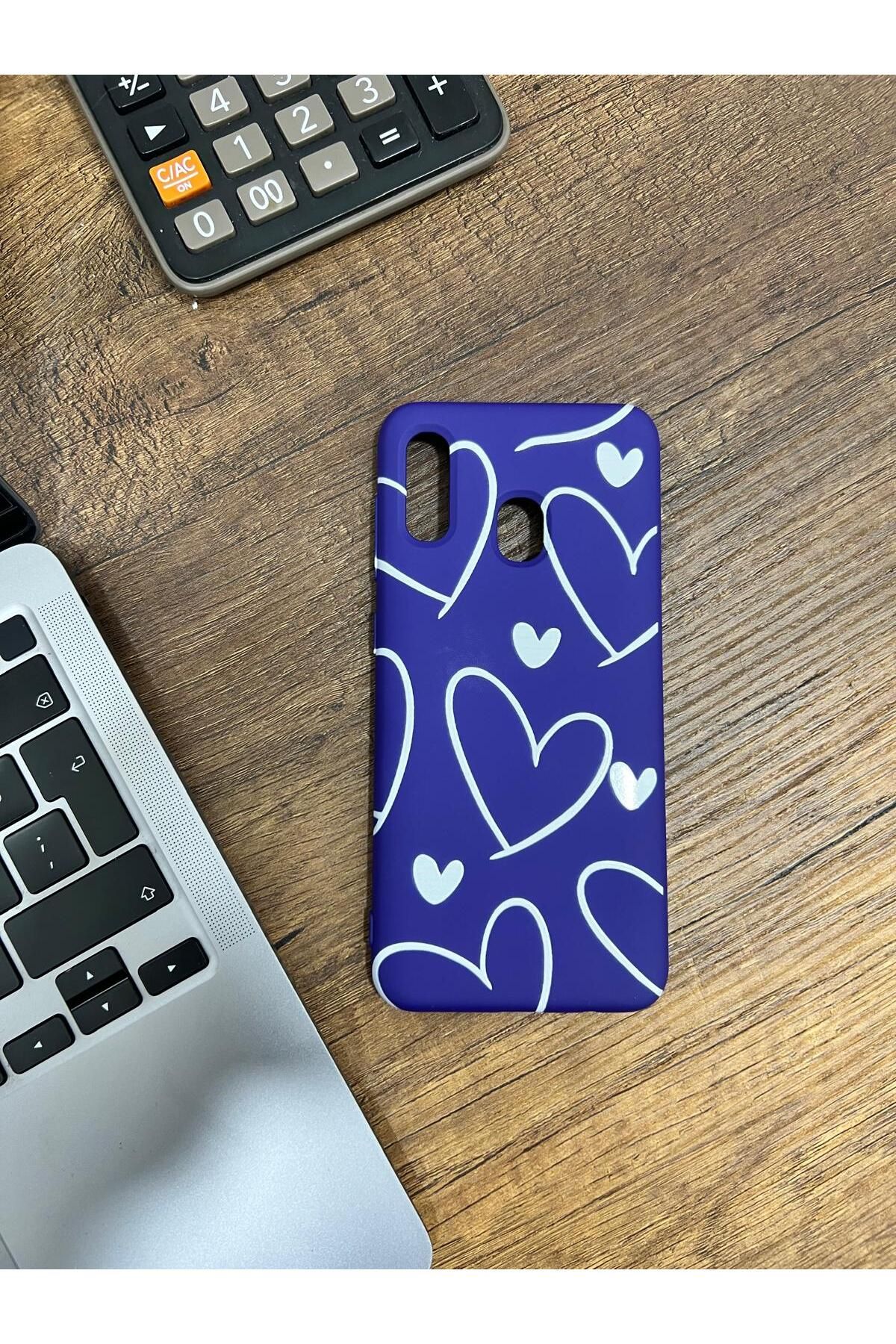 HZR Samsung A20 Beyaz Kalp Desenli Lacivert Silikon Kılıf