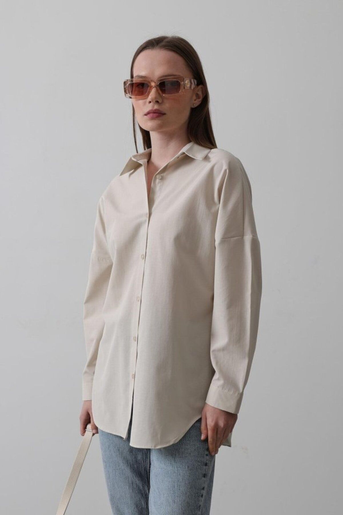 VELİZADE Kadın Konfor Modeli Bej Manşetli Polo Yaka Pamuklu Oversize Uzun Kol Lüks Tunik Gömlek Tesettür