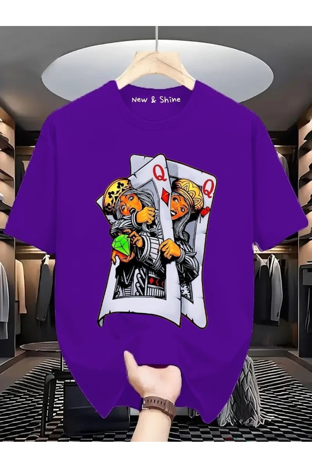 New Shine İskambil Kağıdı Kızlar Baskılı Oversize T-Shirt