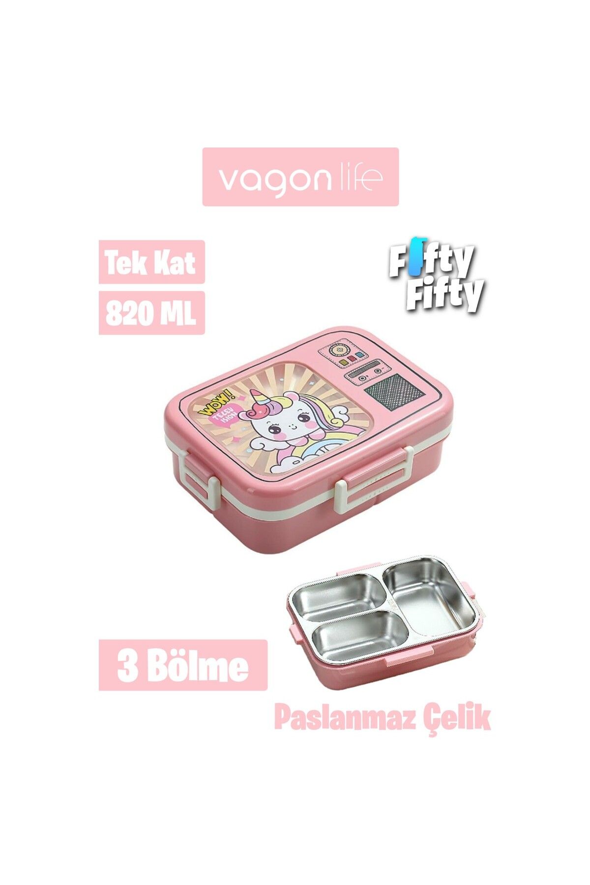 Vagonlife Lunch Box 820 ml Tek Kat Üç Bölmeli Sos Kaseli Yeni Nesil Sefer TASI-FFLBOX10283