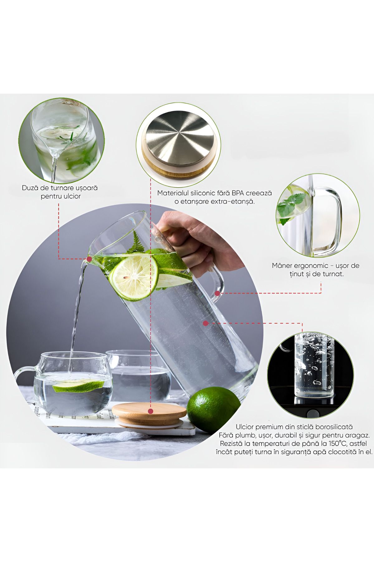 Köken-2 Carafes 1.4L Borosilicate Glass, Pitcher With Airtight Lid Bamboo, 26x8.5 Cm, -20°C To 150°C 3