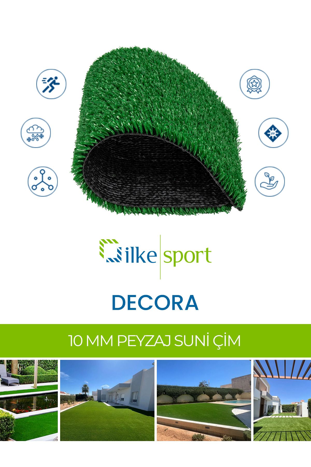 ilkesport Suni Çim, Sentetik, Yapay Çim Halı, Decora, 10mm Peyzaj, Bahçe, Balkon, Salon, Teras, Dekoratif