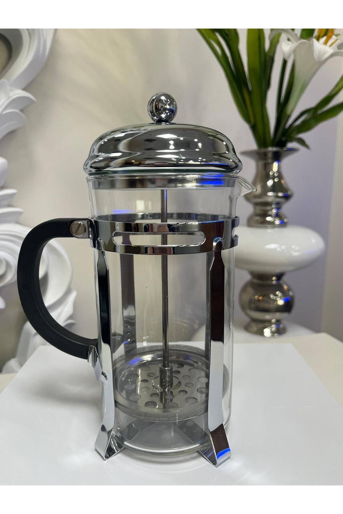 TEMAS FRENCH PRESS KAHVE&BİTKİ ÇAYI DEMLEME GÜMÜŞ RENK METAL, CAM 1000 ML