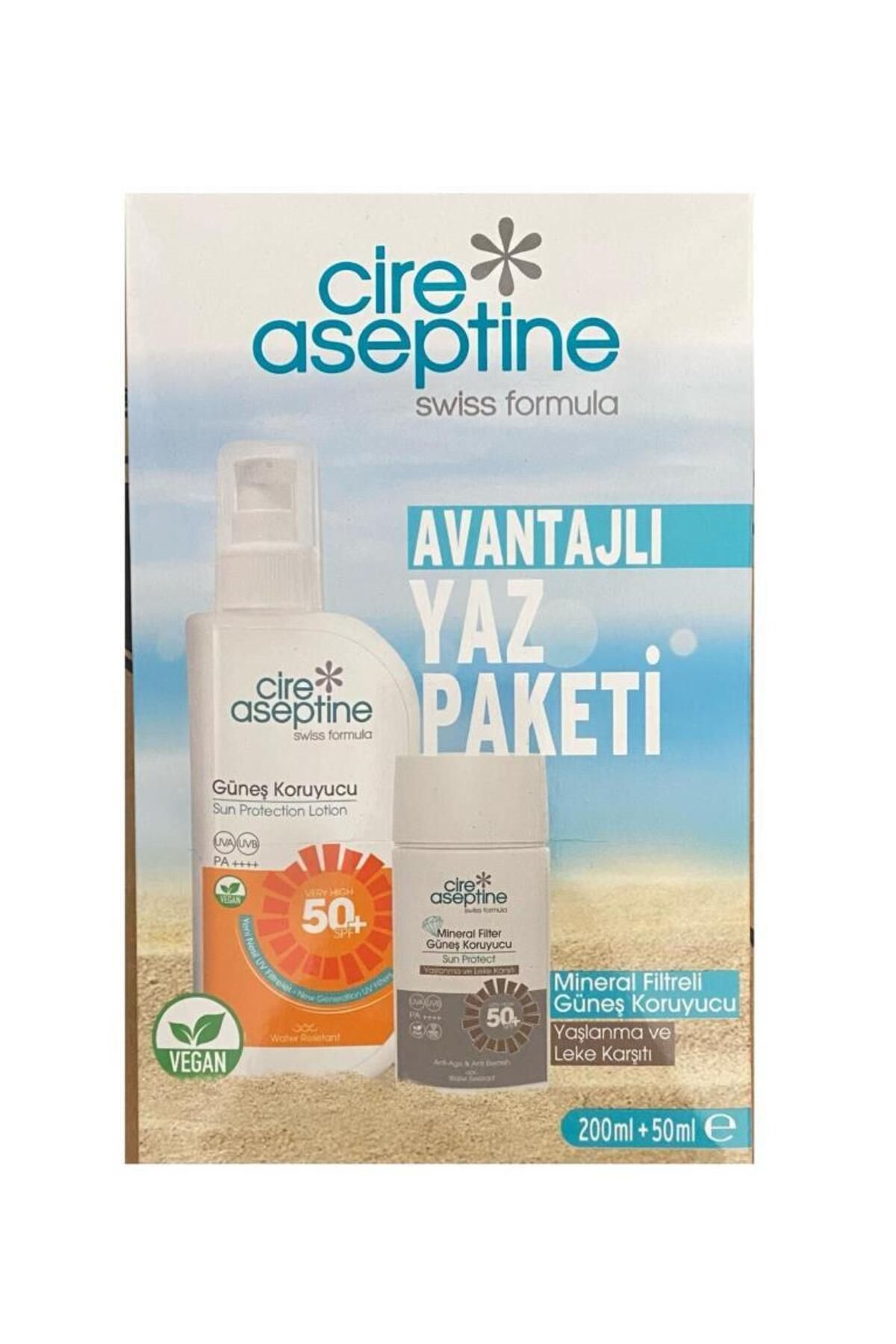 CIRE ASEPTINE Güneş Koruyucu 50SPF 200 ml+Mineral Filitreli Güneş Koruyucu Yaşlanma Leke Karşıtı 50Ml