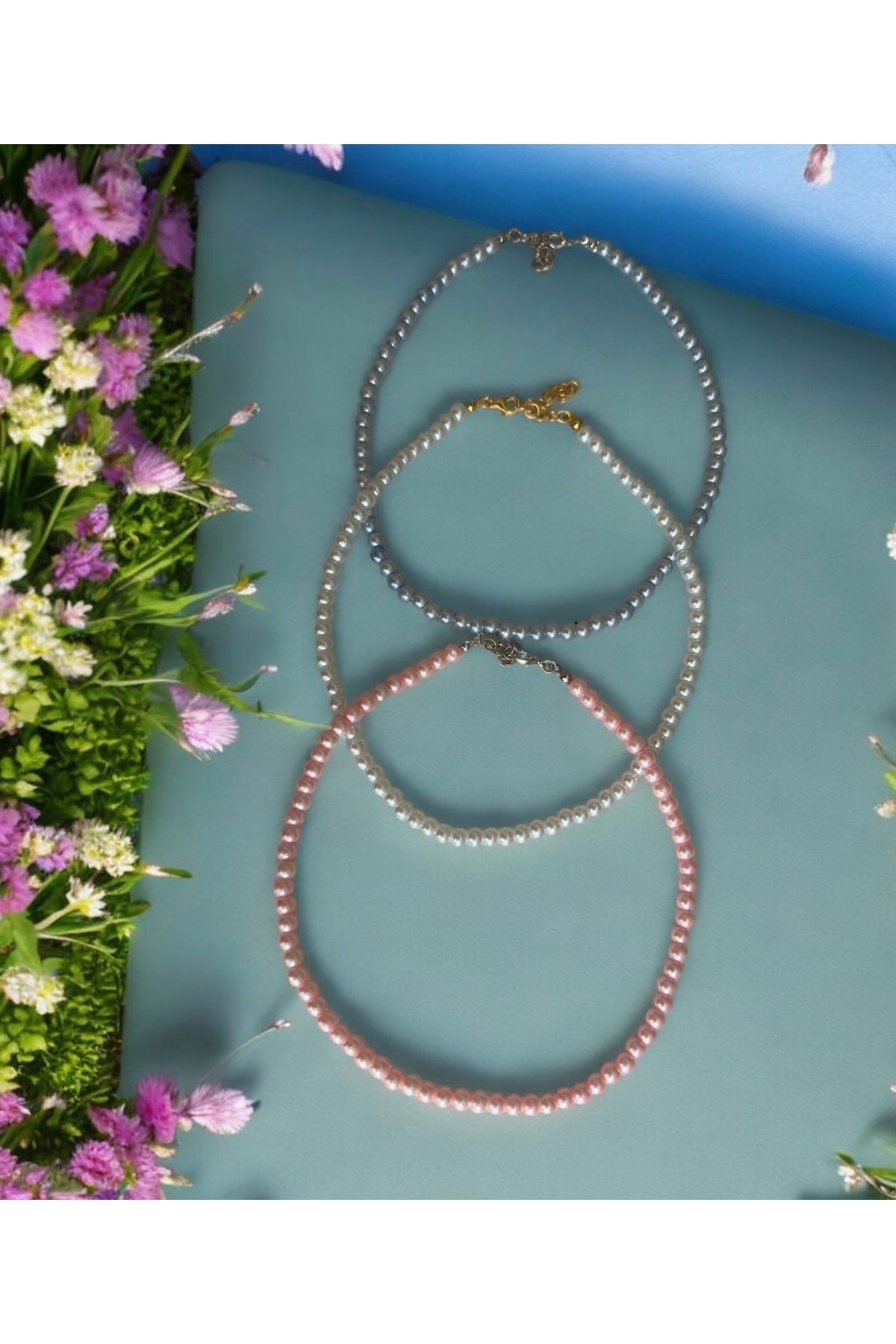siyahdesign İnci Kolye ( 3 lü ) Beyaz İnci Kolye , Pembe İnci Kolye , Mavi İnci Kolue